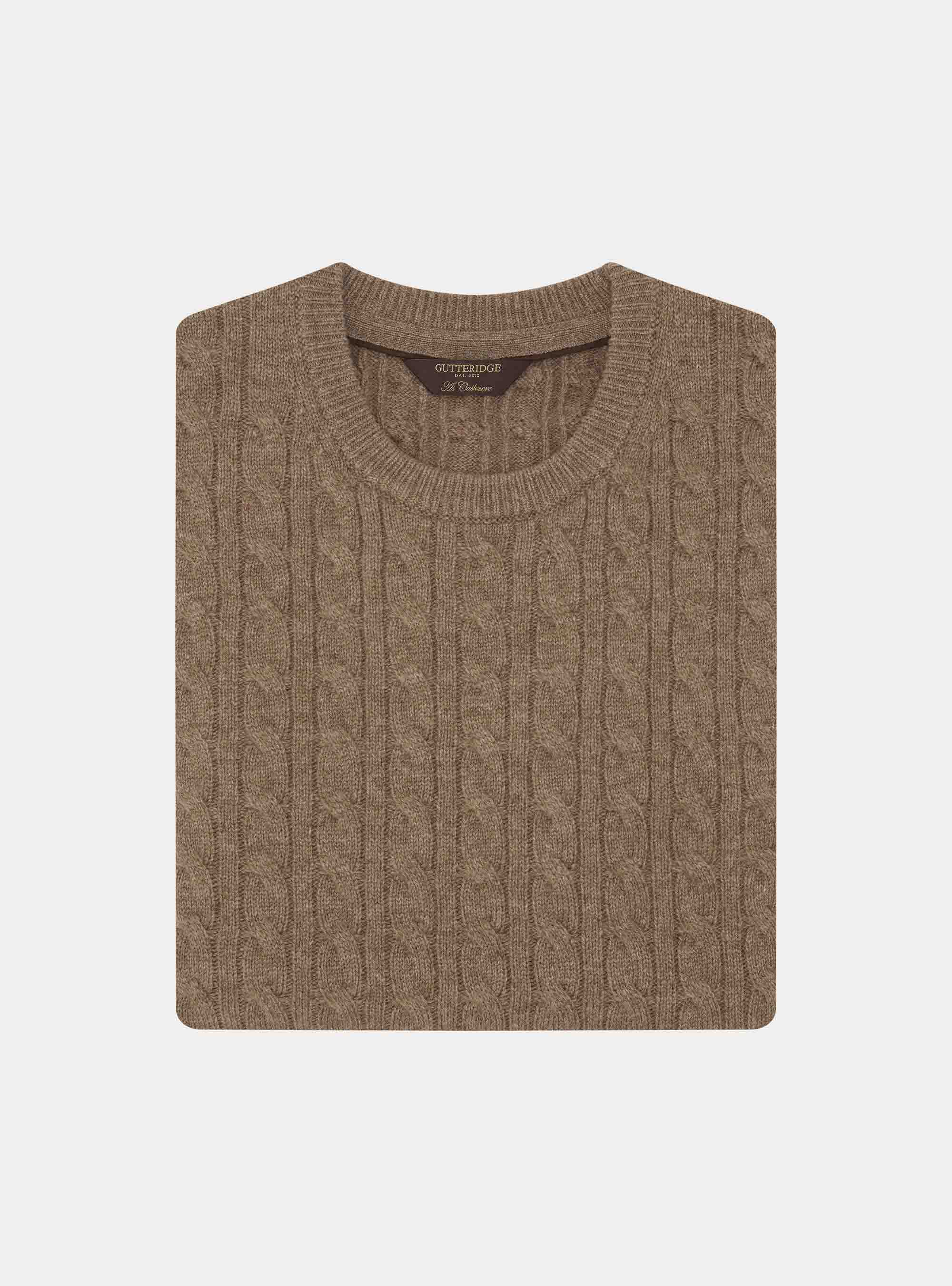 Girocollo in maglia con treccia in lana cashmere, FANGO