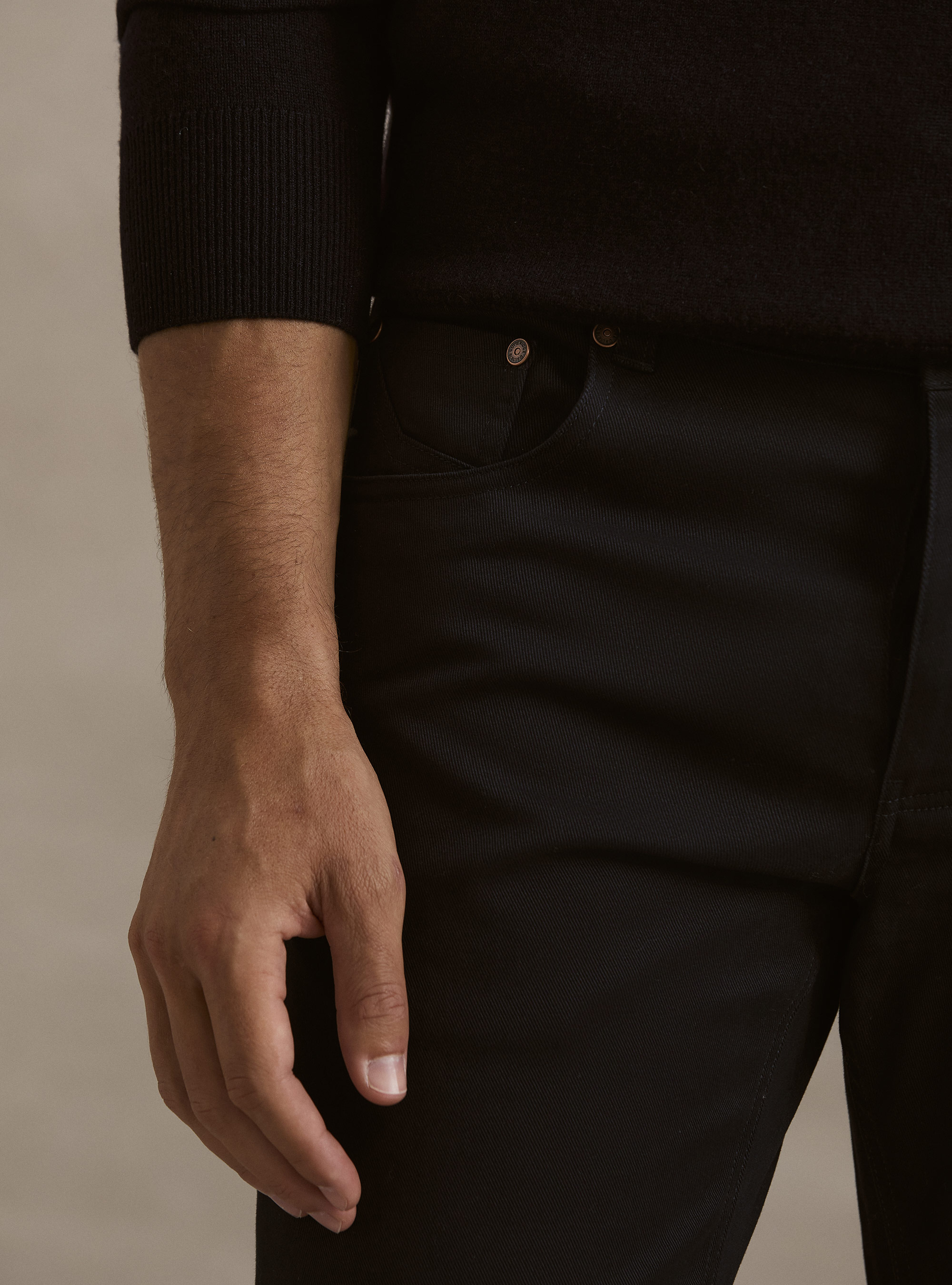 Pantalon 5 poches en m&eacute;lange coton armur&eacute;, BLEU MARINE