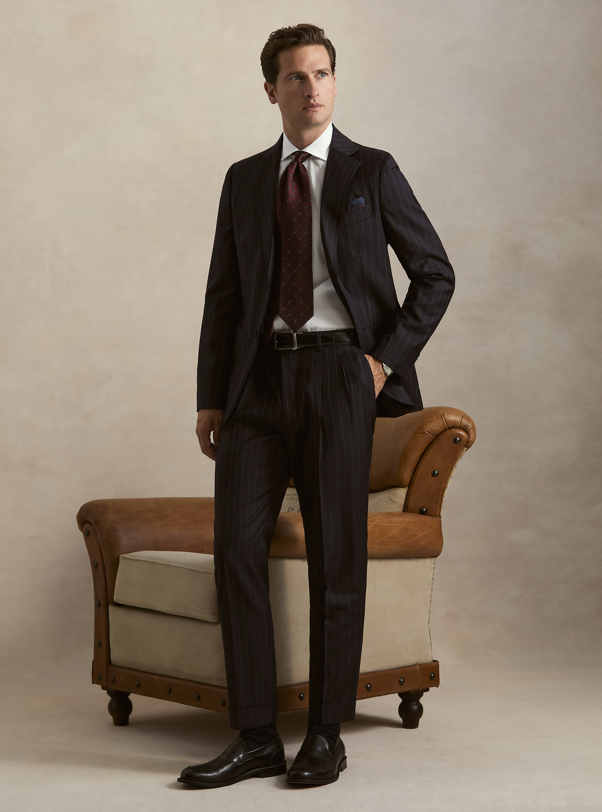 Pantalones de traje de raya diplom&aacute;tica con pinzas en pura lana Vitale Barberis Canonico, AZUL MARINO