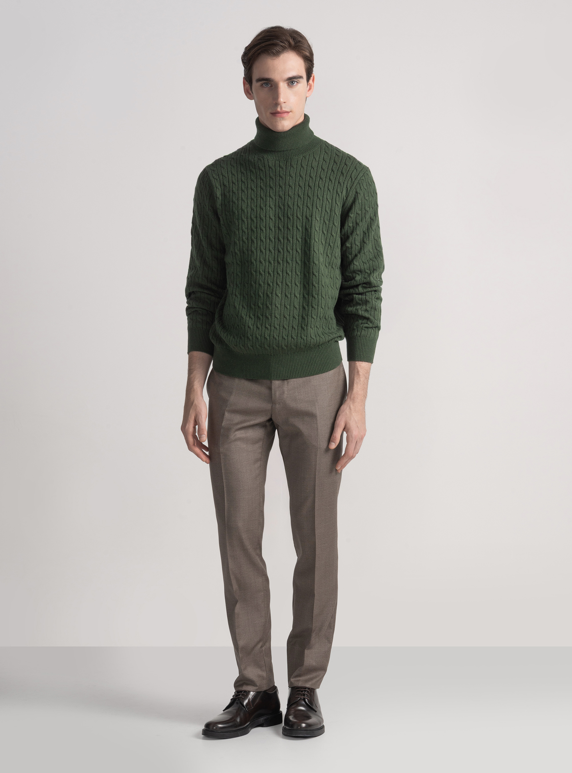 Maglia collo alto con treccia in misto lana, MILITARE 0609C
