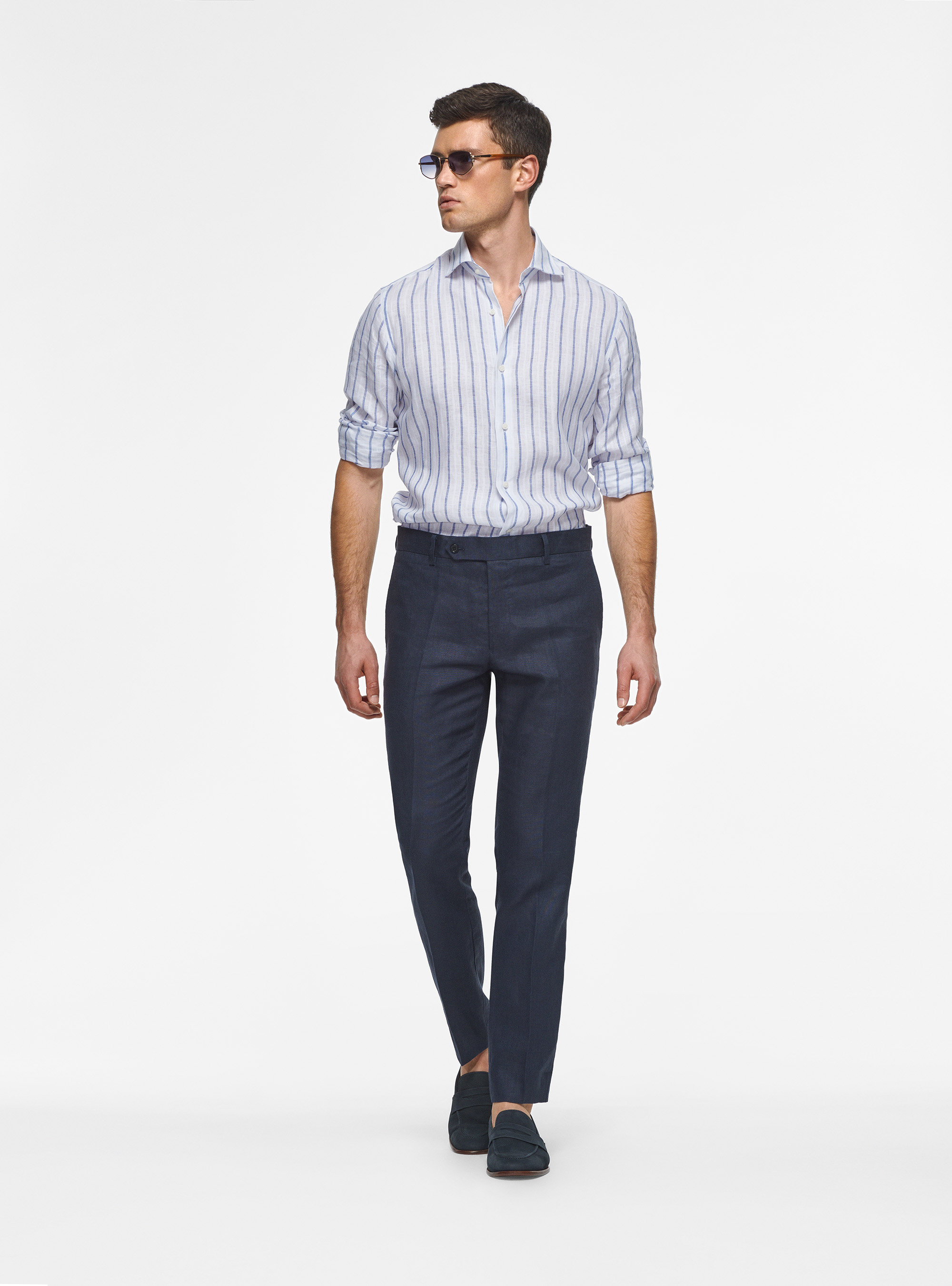 Pantalon en lin pur, BLEU MARINE