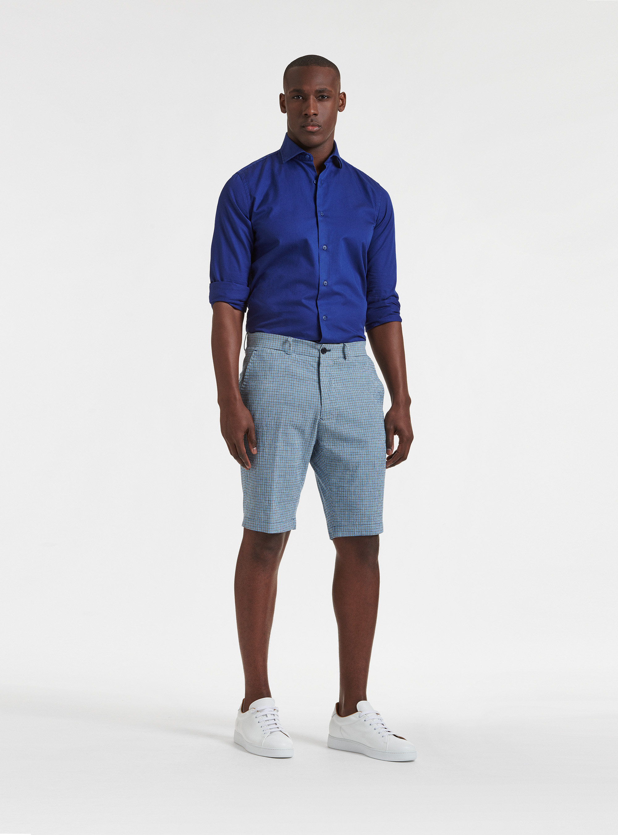Bermudas de algod&oacute;n y lino seersucker a cuadros, AZUL MEDIO