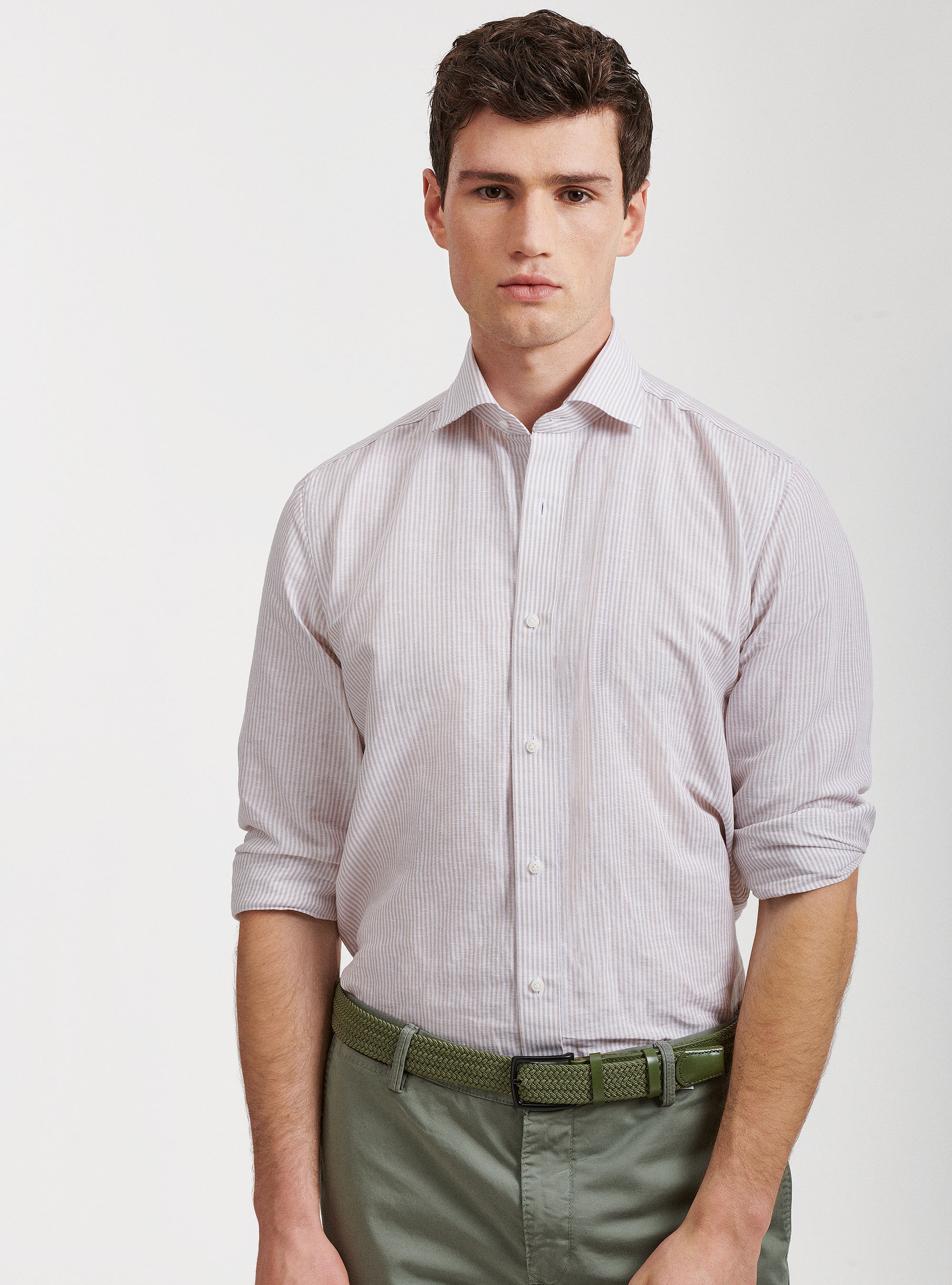Camicia collo semi francese in lino e cotone rigato, SABBIA