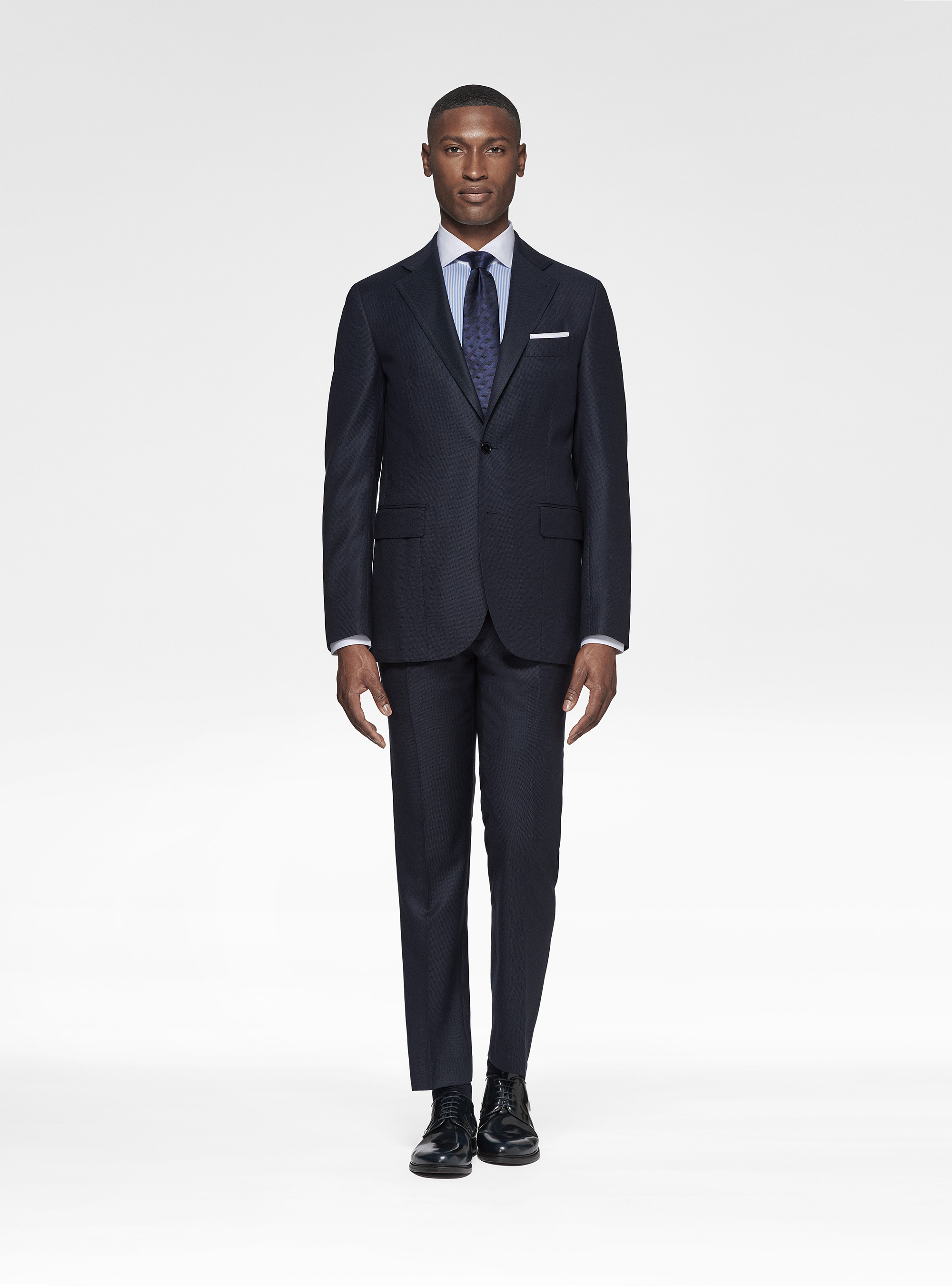 Abito blu navy in pura lana occhio di pernice, 