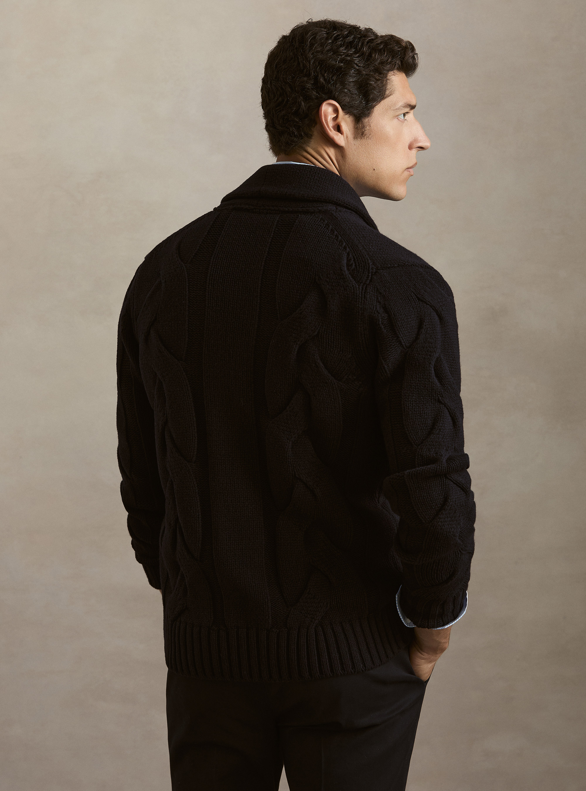 Cardigan sciallato con treccia in lana lambswool e cashmere, BLU NAVY