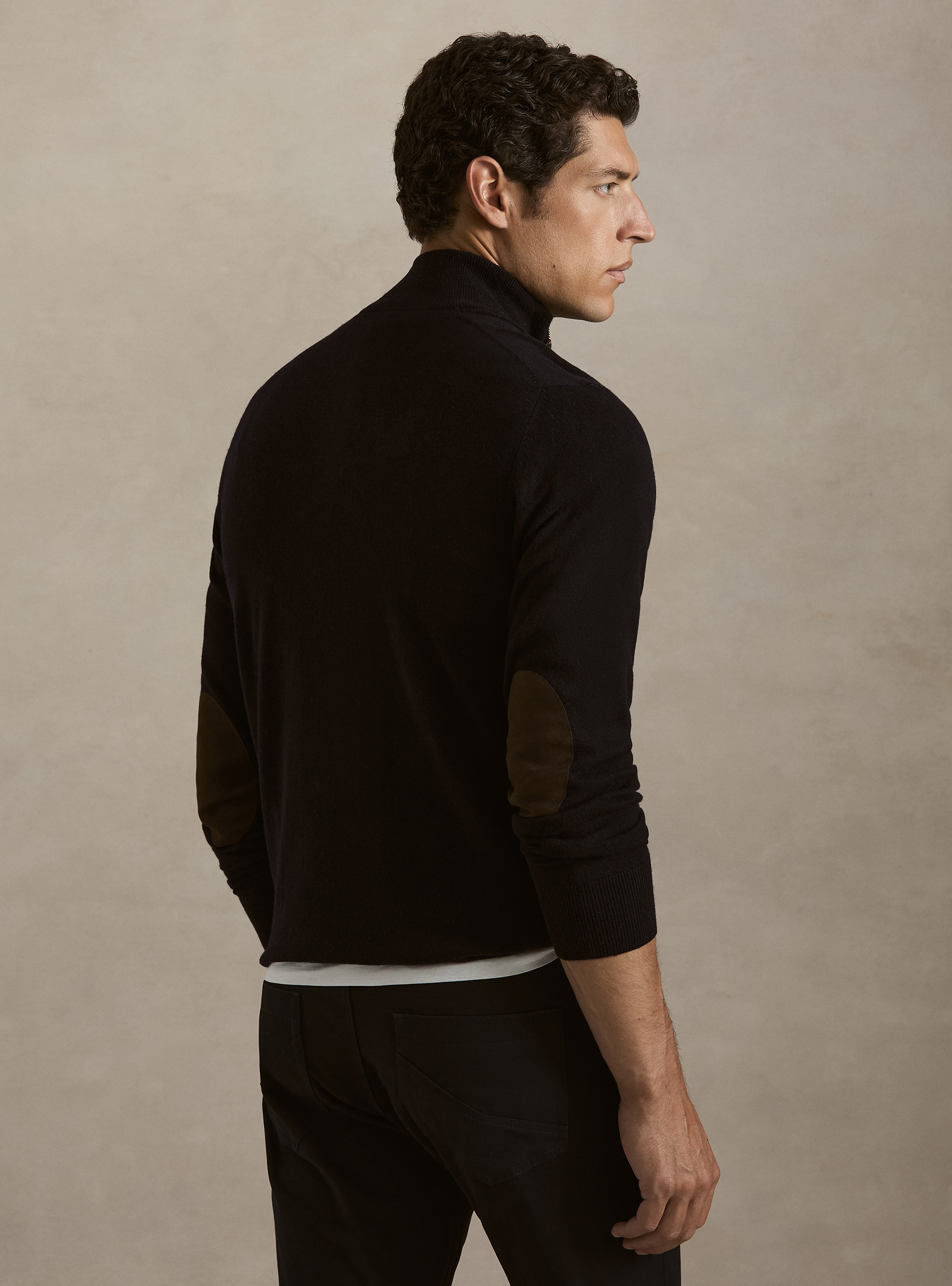 Maglia mezza zip con toppe in misto lana, BLU NAVY