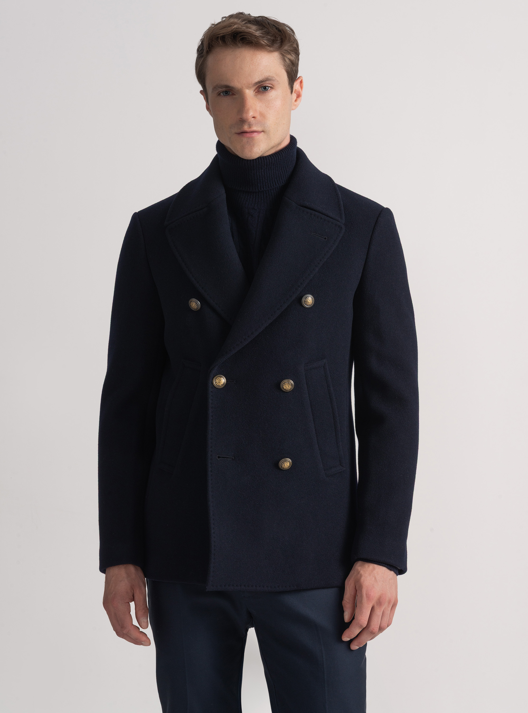 Wool-blend peacoat with metal button, NAVY BLUE