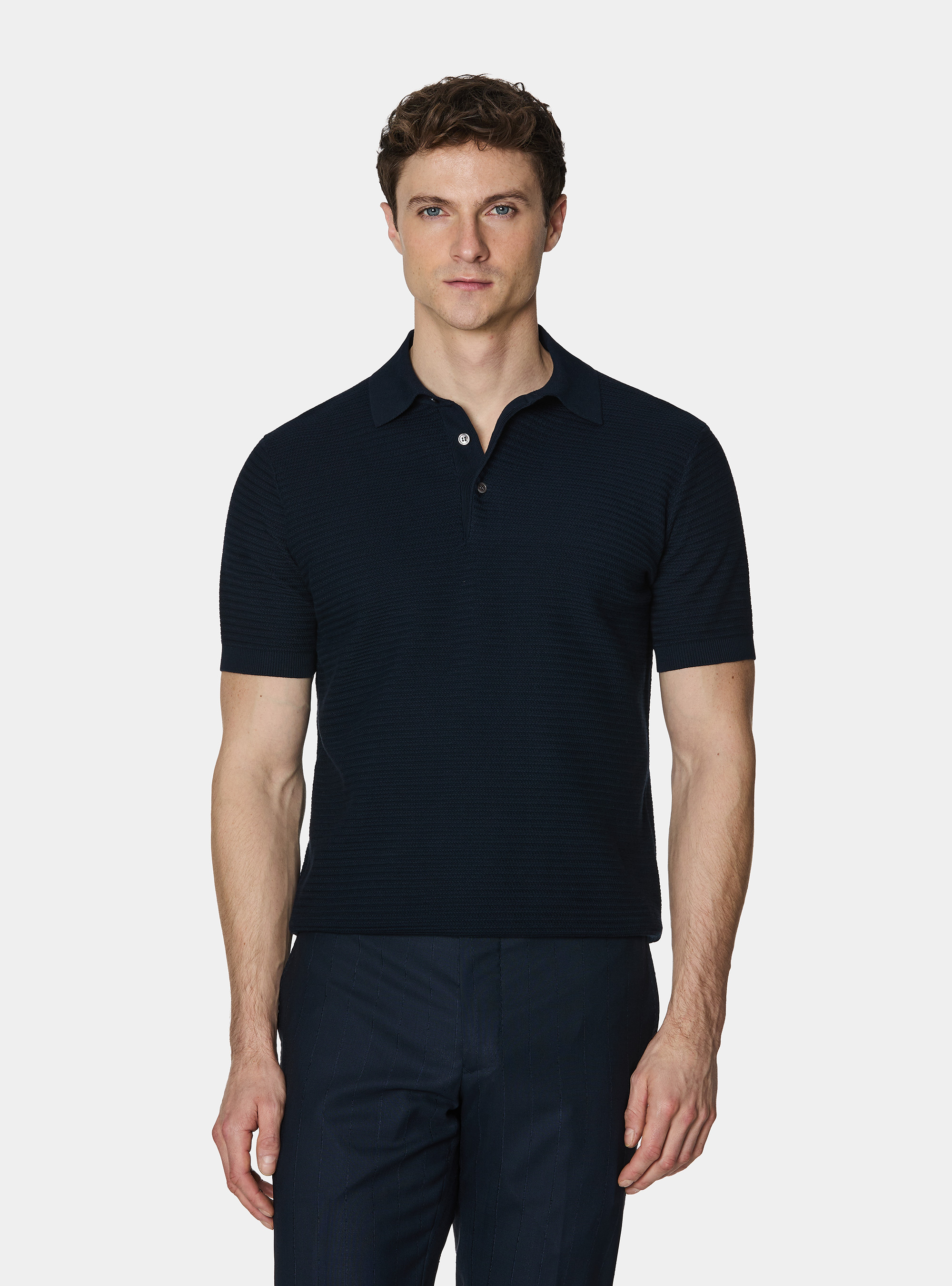 Polo en maille de coton textur&eacute;, BLEU MARINE