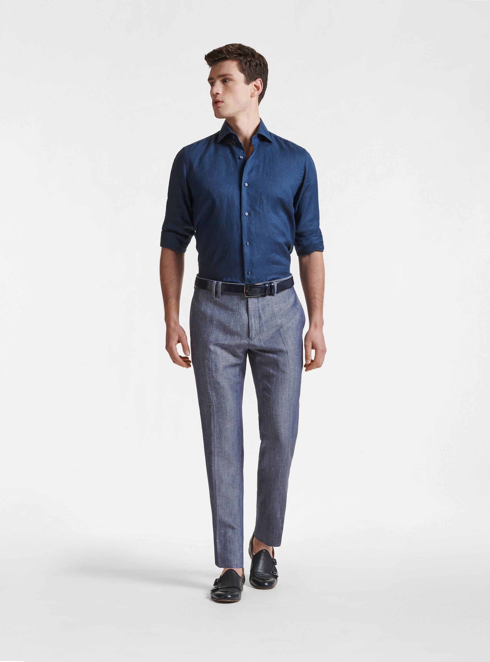 Pure Linen Shirt with Semi-French Collar, NAVY BLUE
