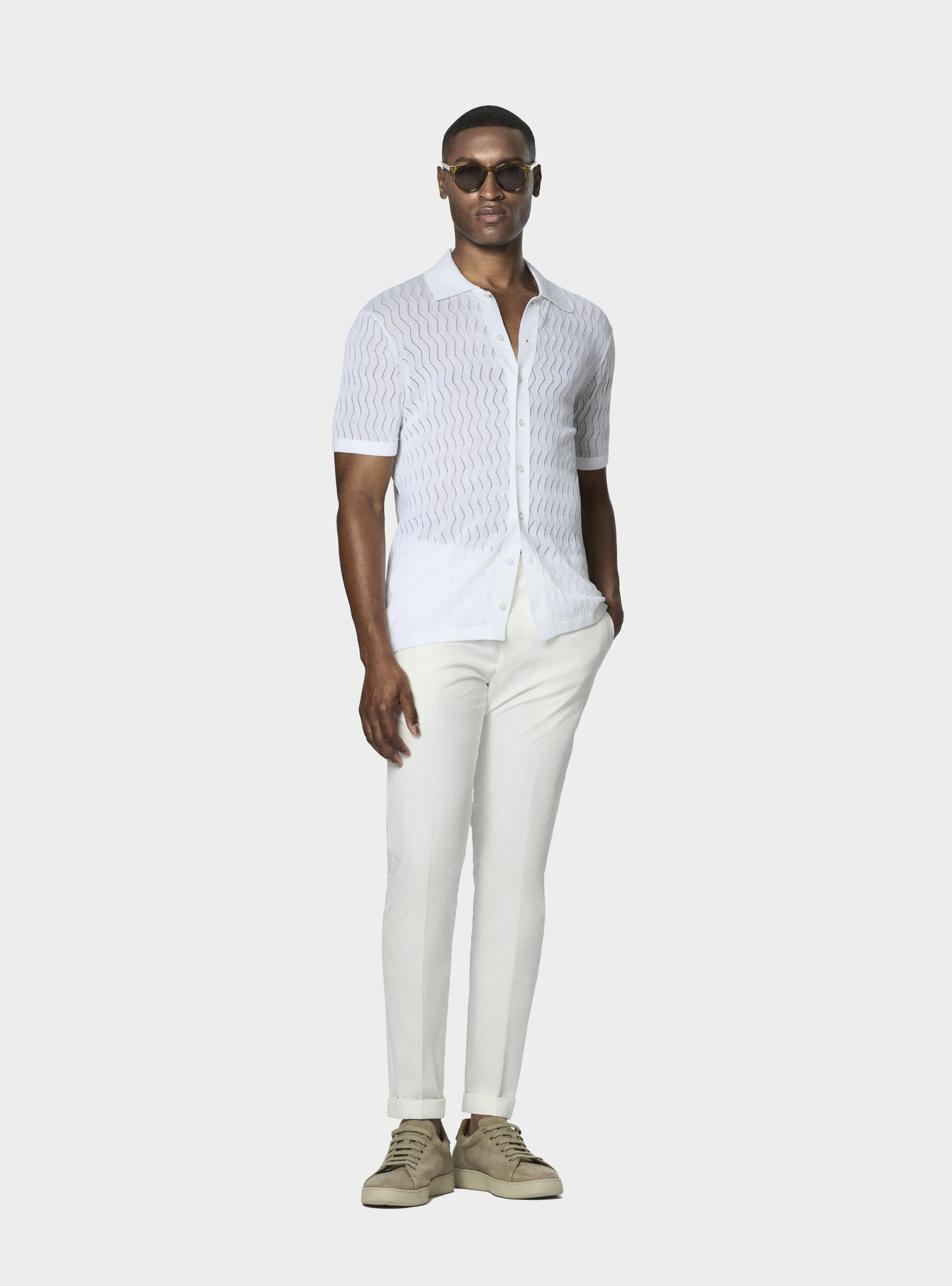 Polo de punto perforado de algod&oacute;n y seda, BLANCO