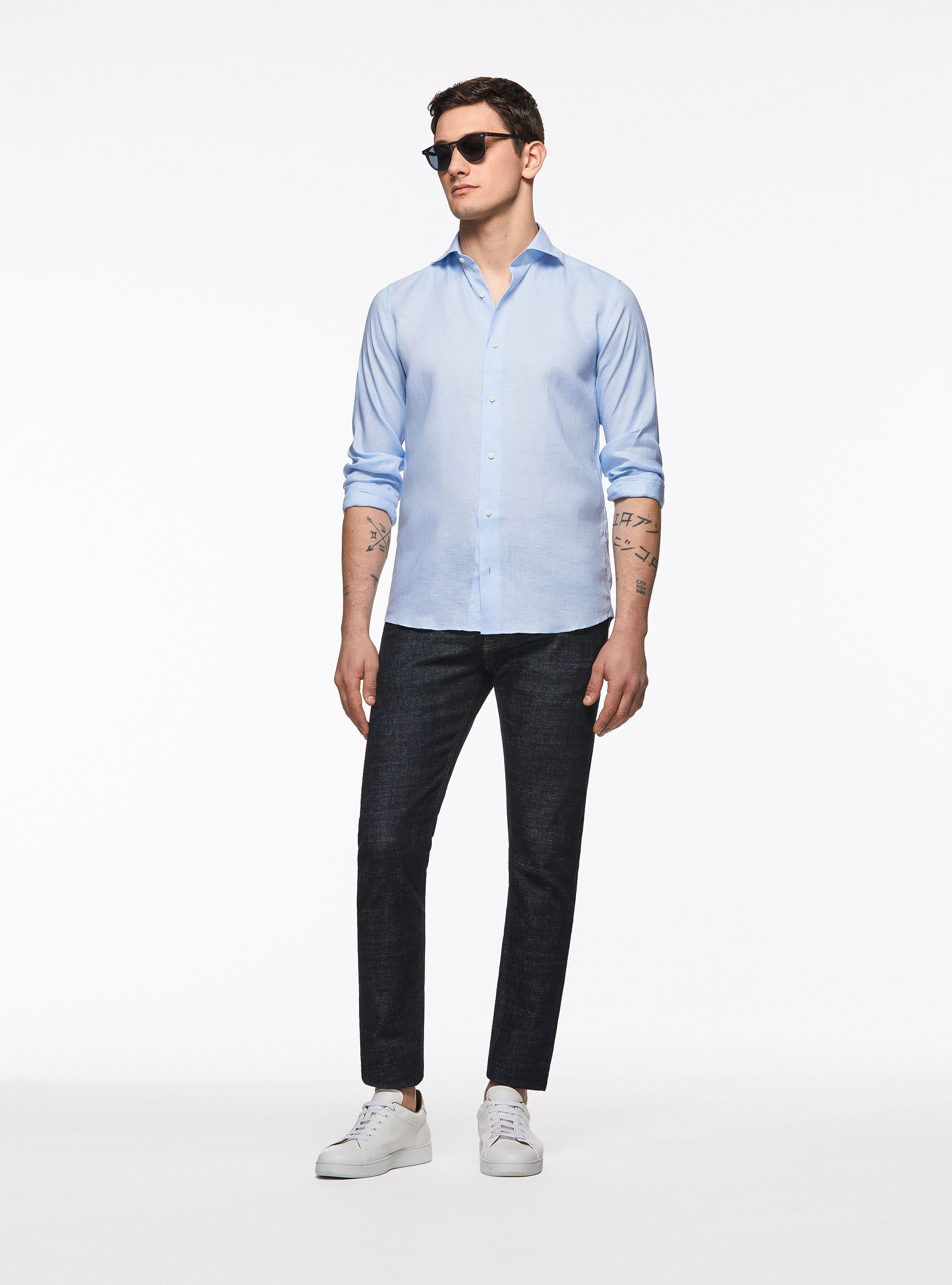 Pure Linen Shirt with Semi-French Collar, LIGHT BLUE