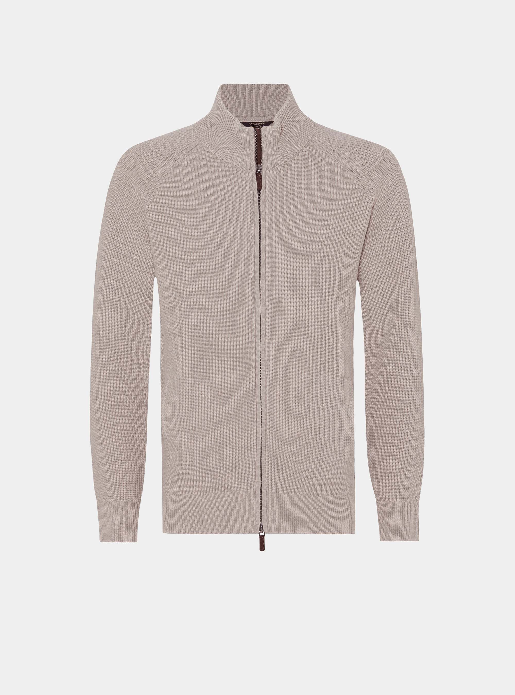 Merino wool raglan knitted zip cardigan, SAND