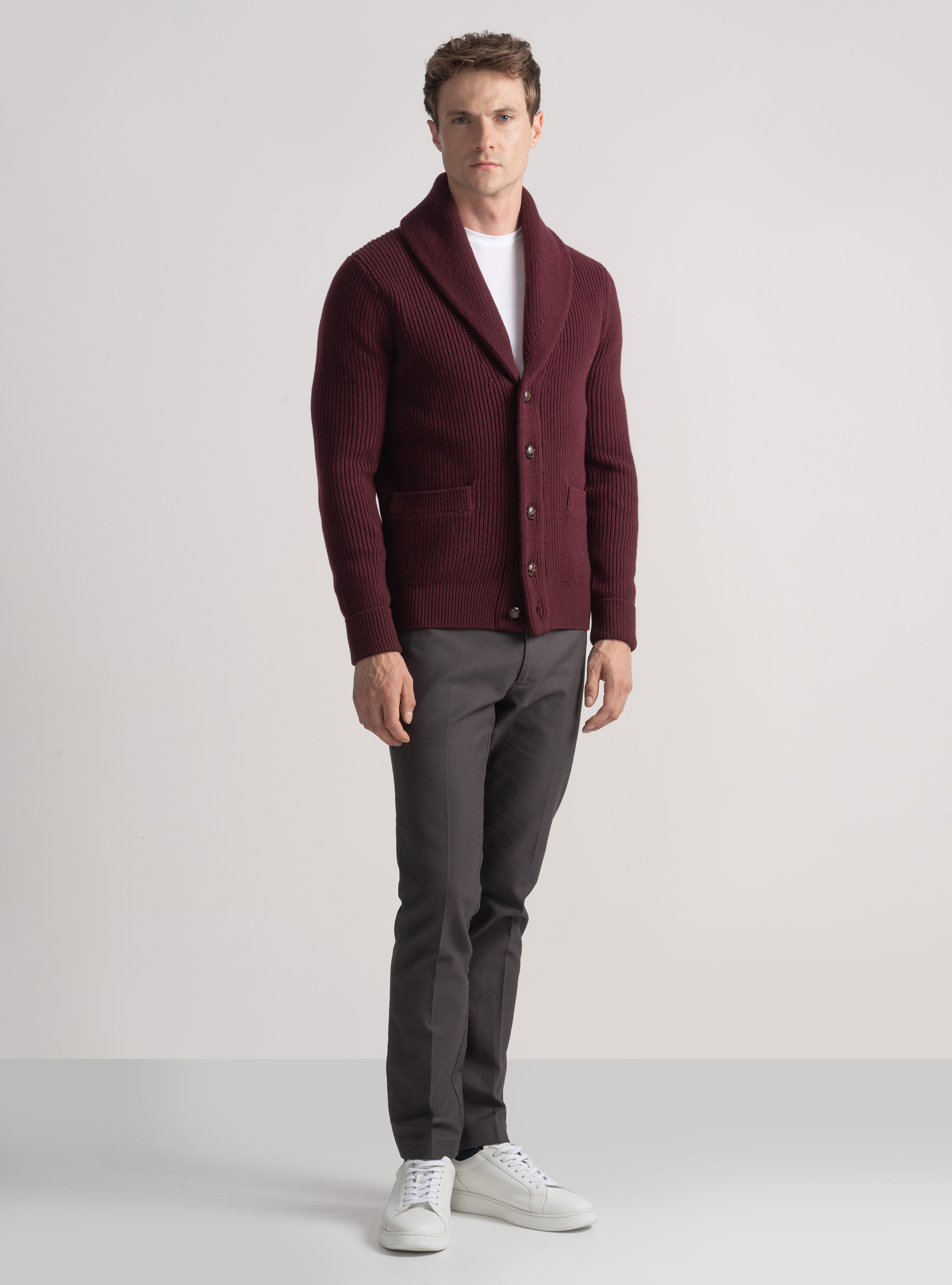 Cardigan in maglia sciallata in lana merino, BORDEAUX