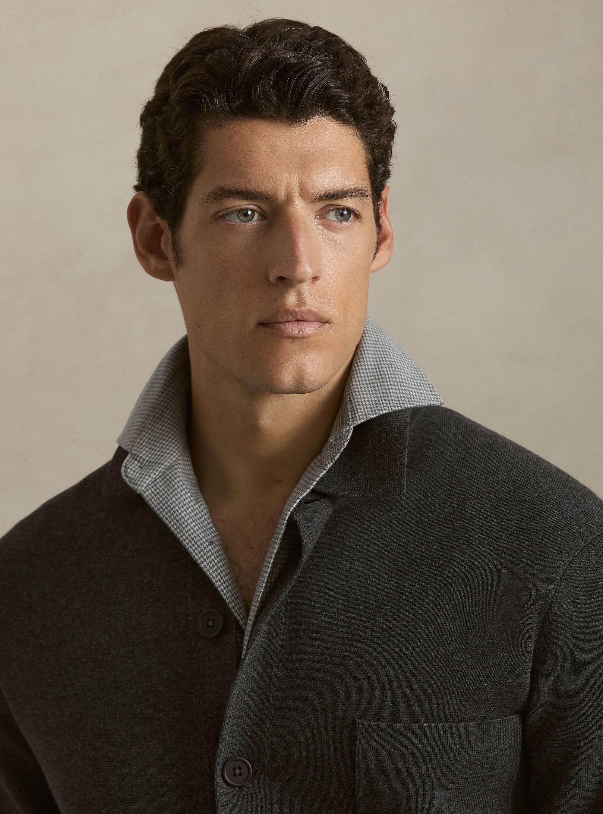 Cardigan in maglia di misto cotone con colletto, GRIGIO SCURO 0125C