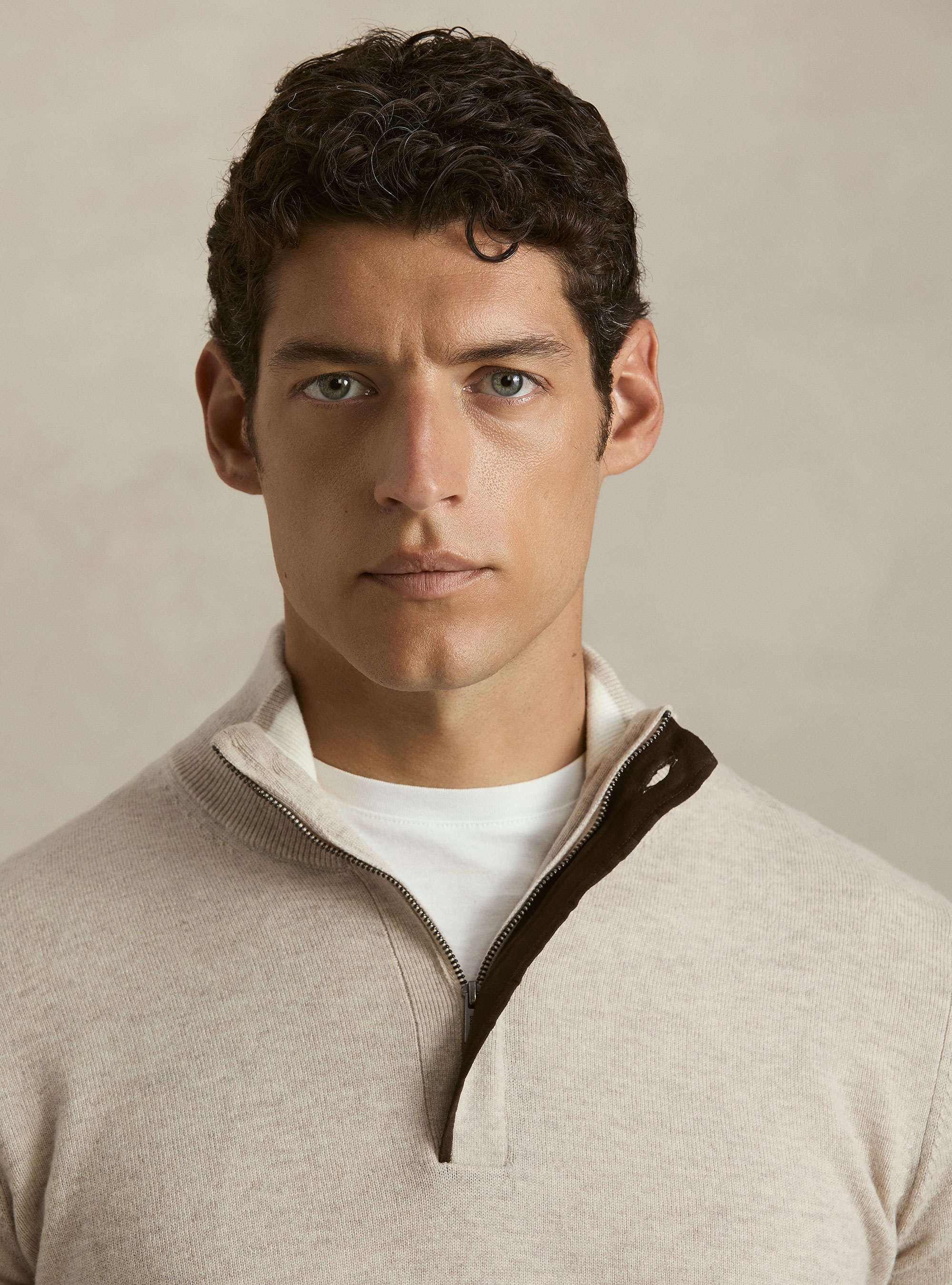 Maglia mezza zip con toppe in misto lana, ECRU