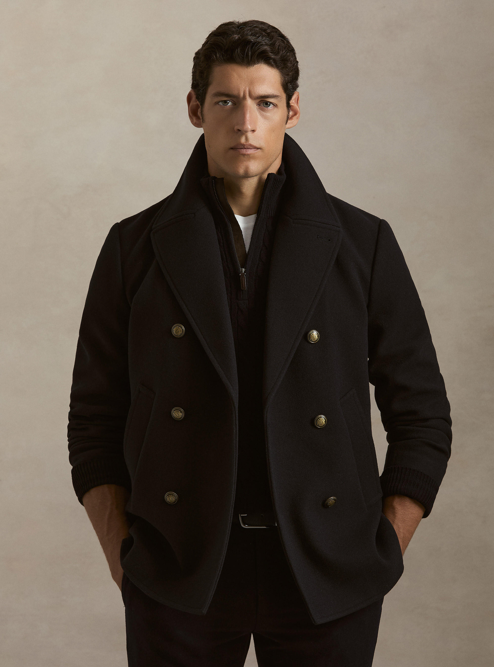 Wool blend peacoat with metal buttons, NAVY BLUE