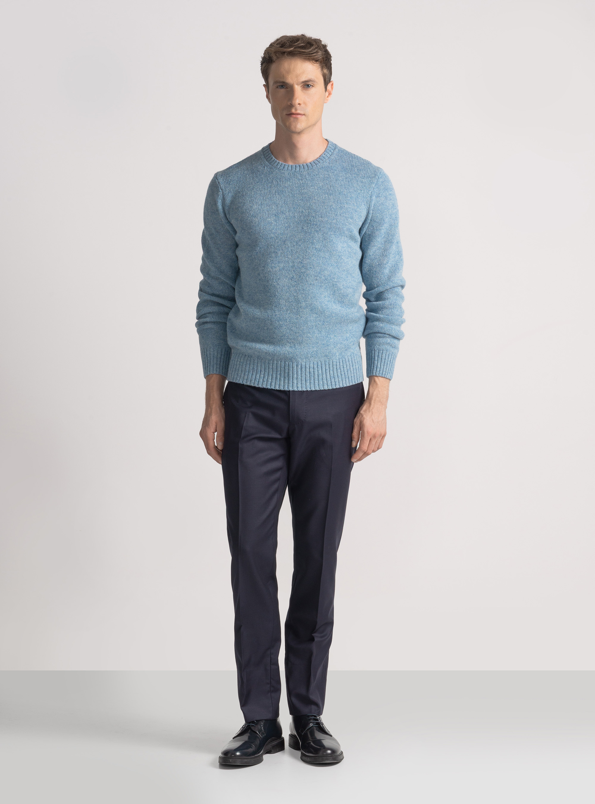 Maglia girocollo in lana shetland, AZZURRO