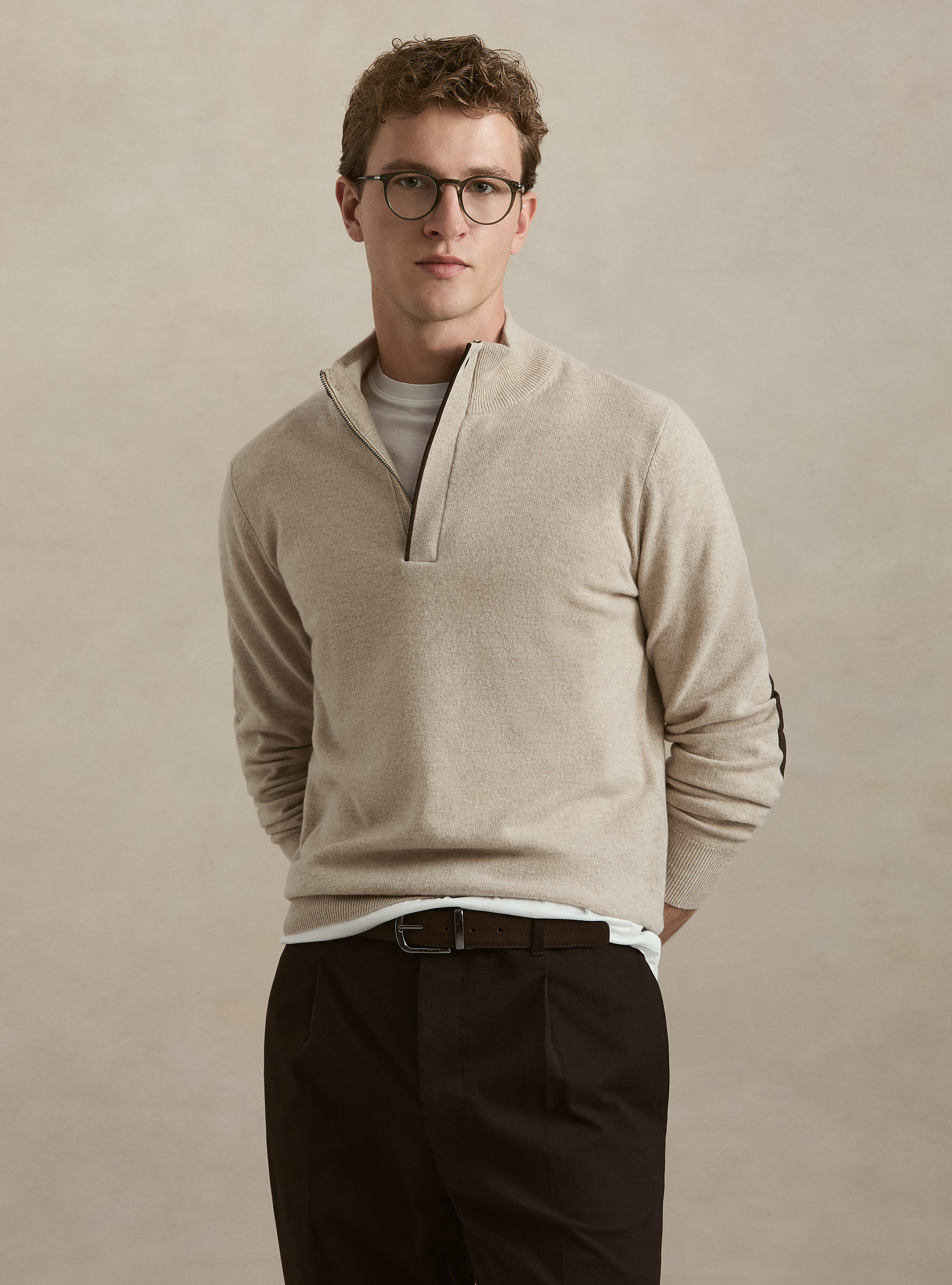 Pull demi-zip en lambswool et cachemire, &Atilde; CRU
