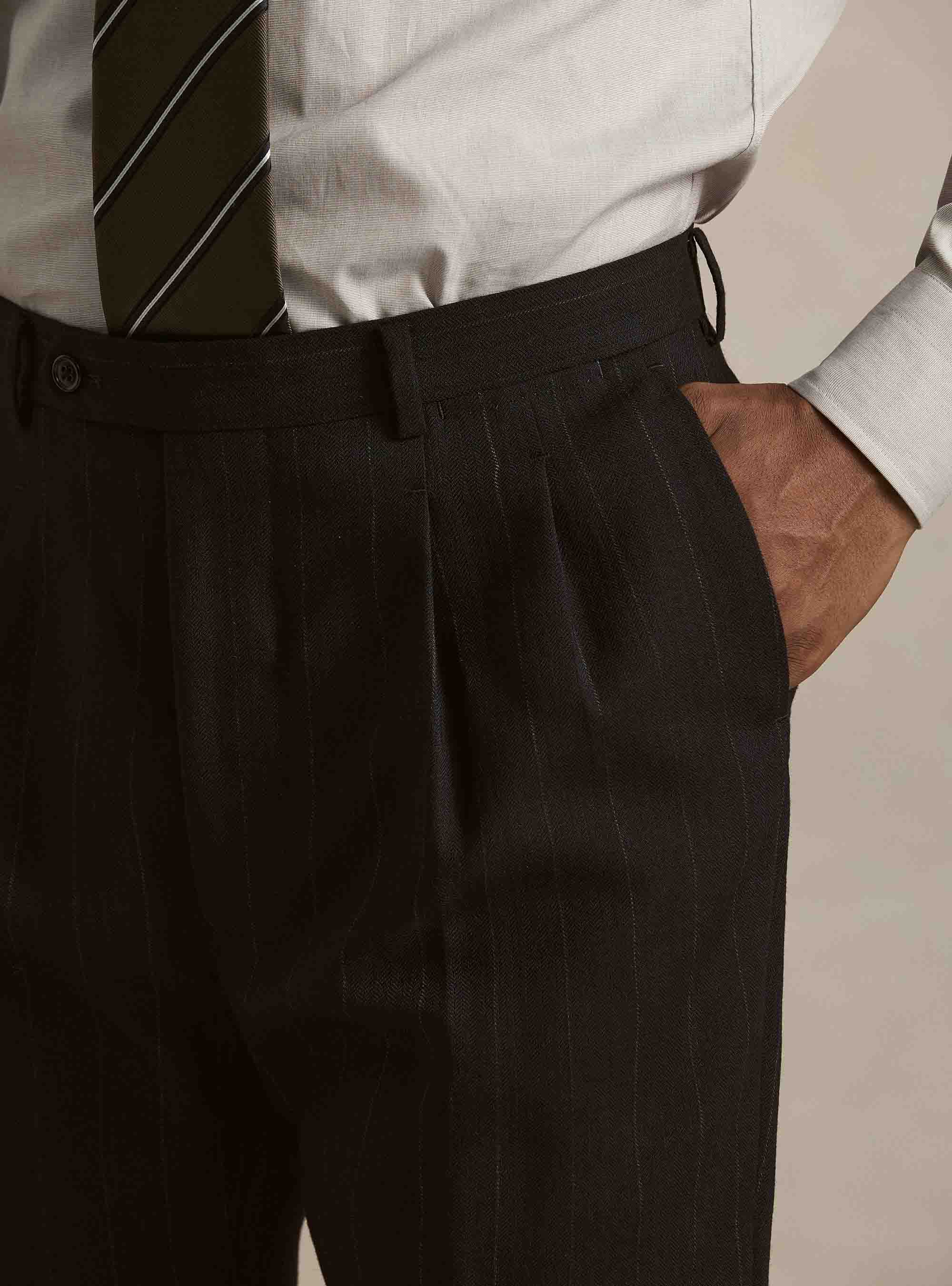 Herringbone pure wool pleated trousers, NAVY BLUE