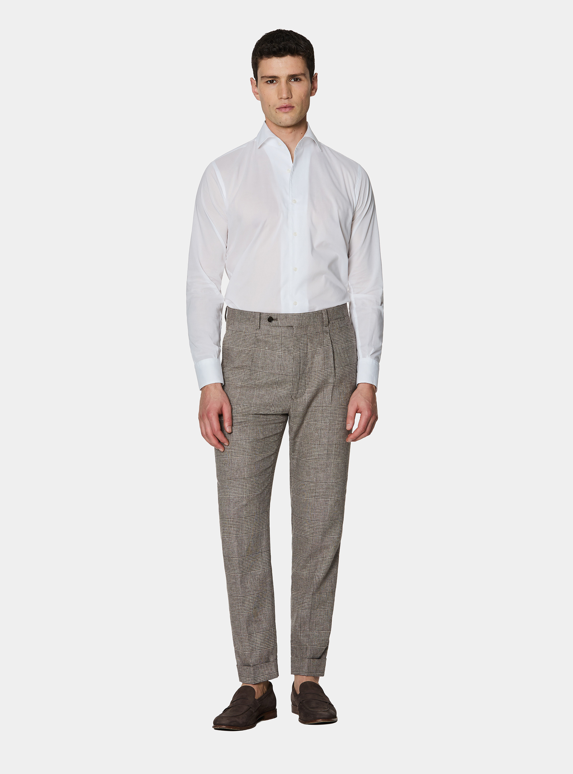Patterned pants with pleats in linen and cotton, BROWN