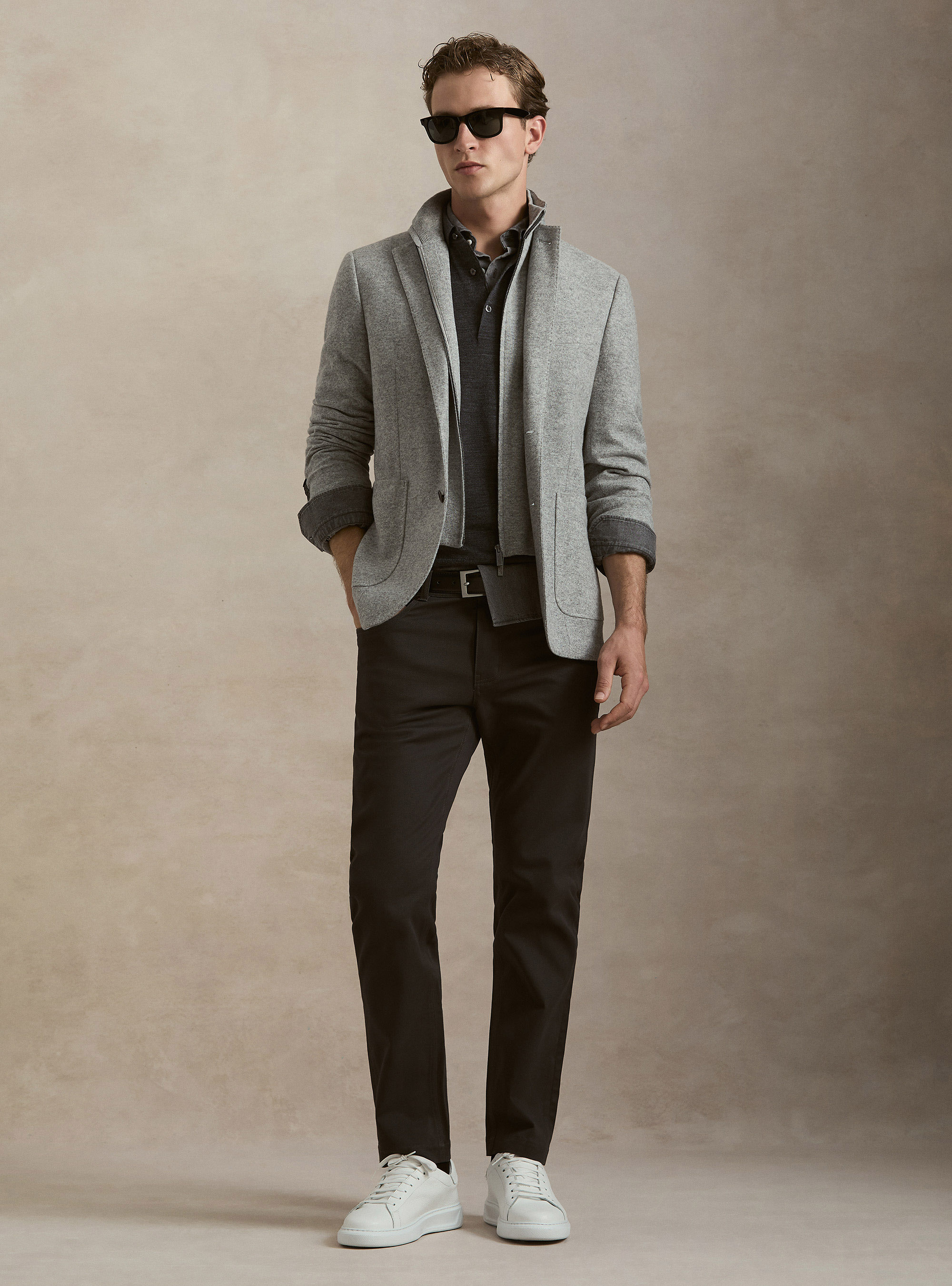 M&eacute;lange Wool-Blend Jersey Jacket with Internal Bib, LIGHT GREY MELANGE