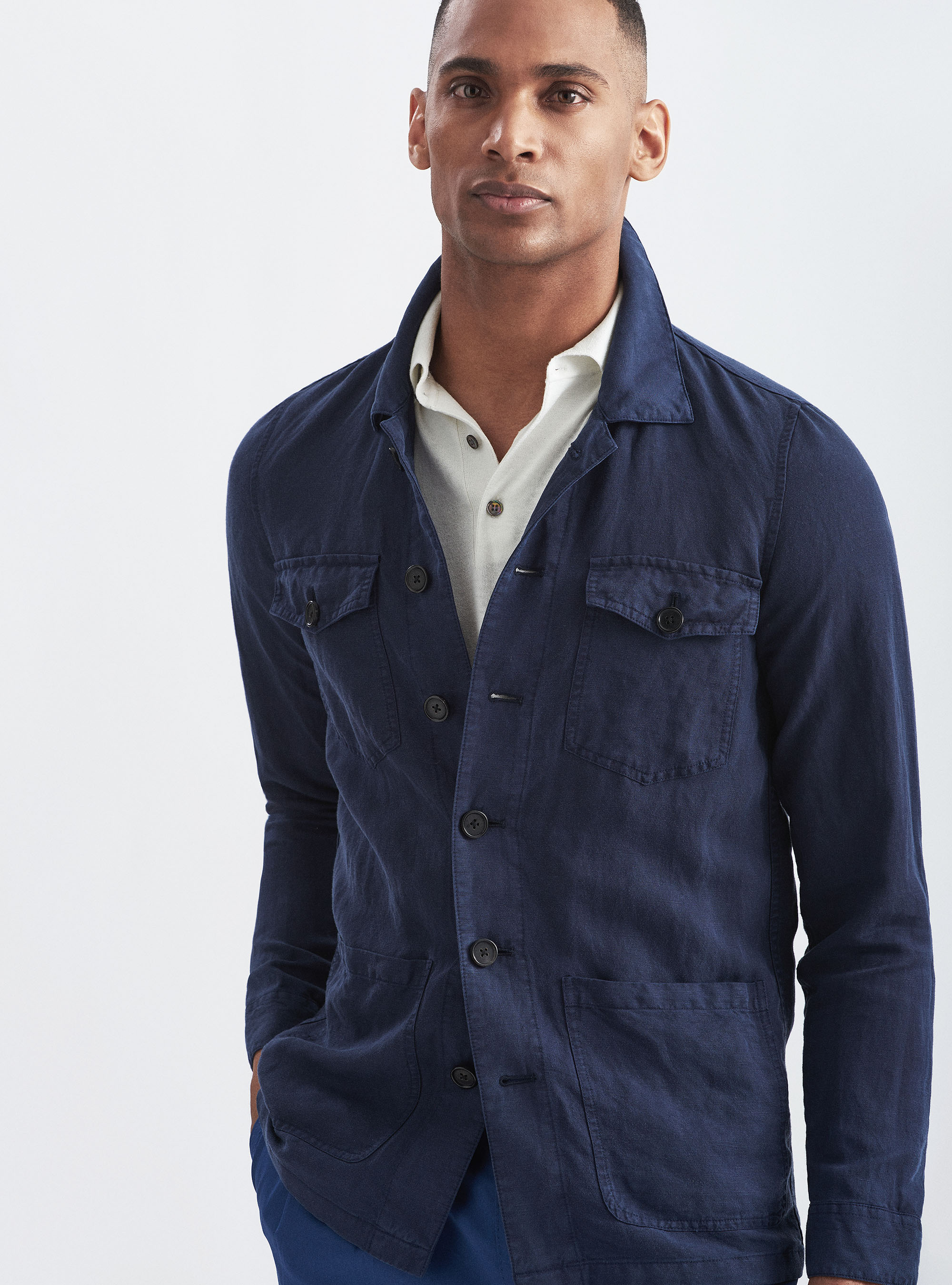 Giacca camicia in misto lino, BLU NAVY