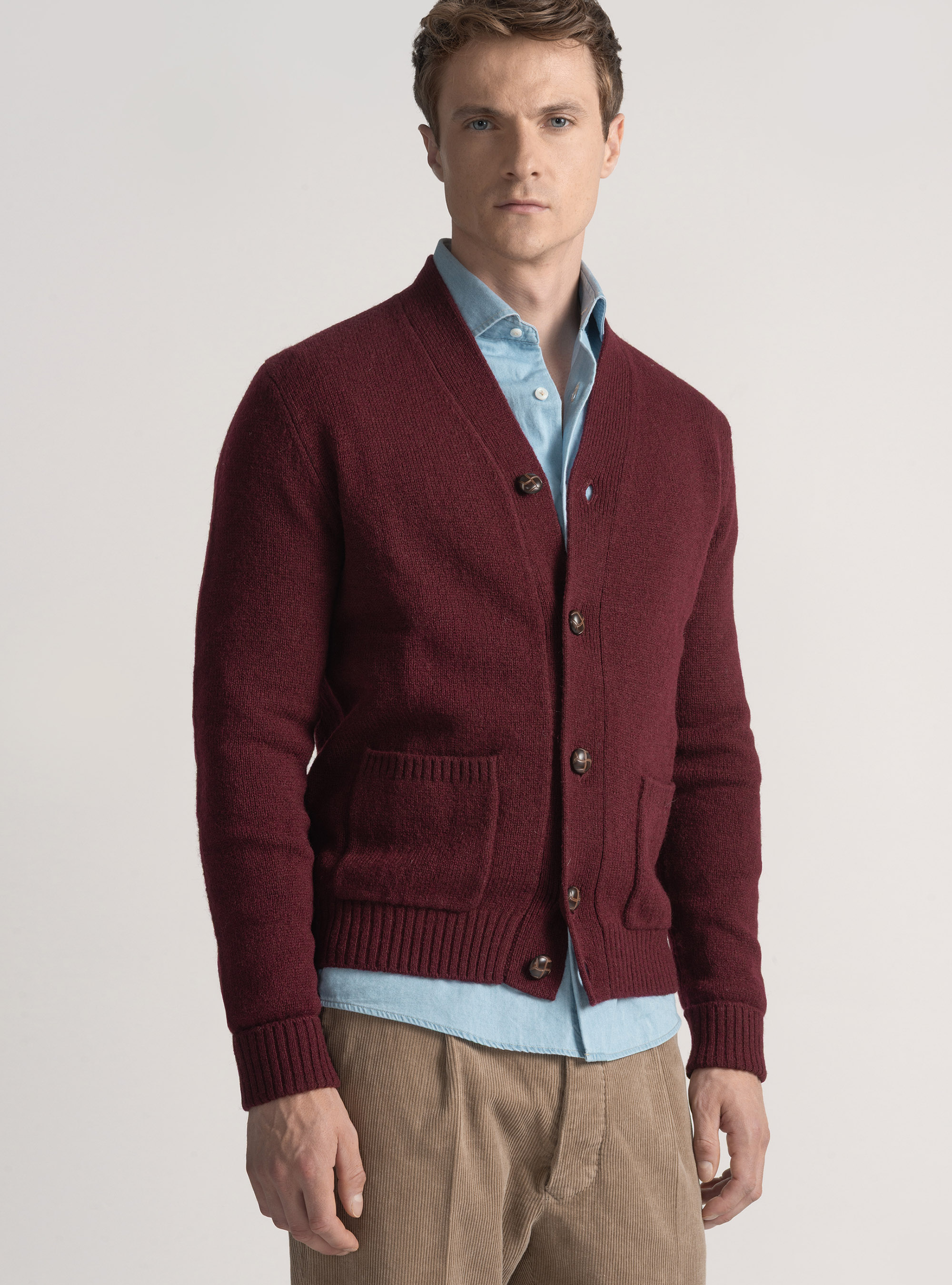 Cardigan in maglia di lana shetland, BORDEAUX