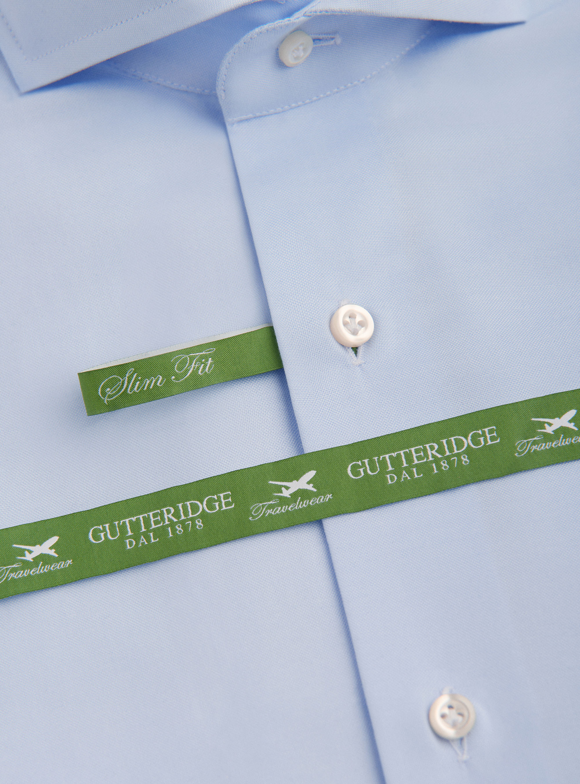 Camisa de viaje con cuello franc&eacute;s en algod&oacute;n oxford, CELESTE
