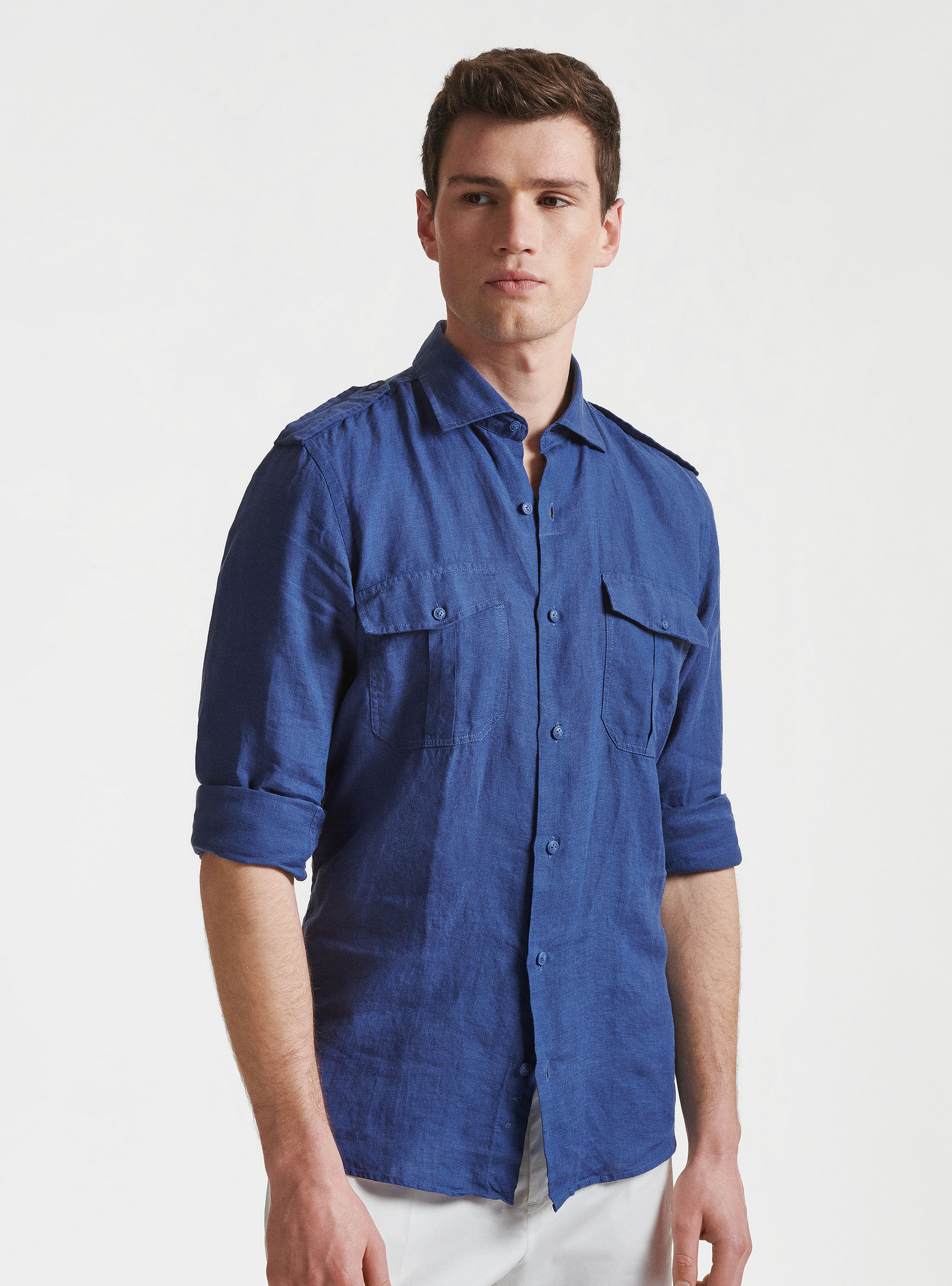 Camicia in puro lino con tasconi, 0243C DENIM