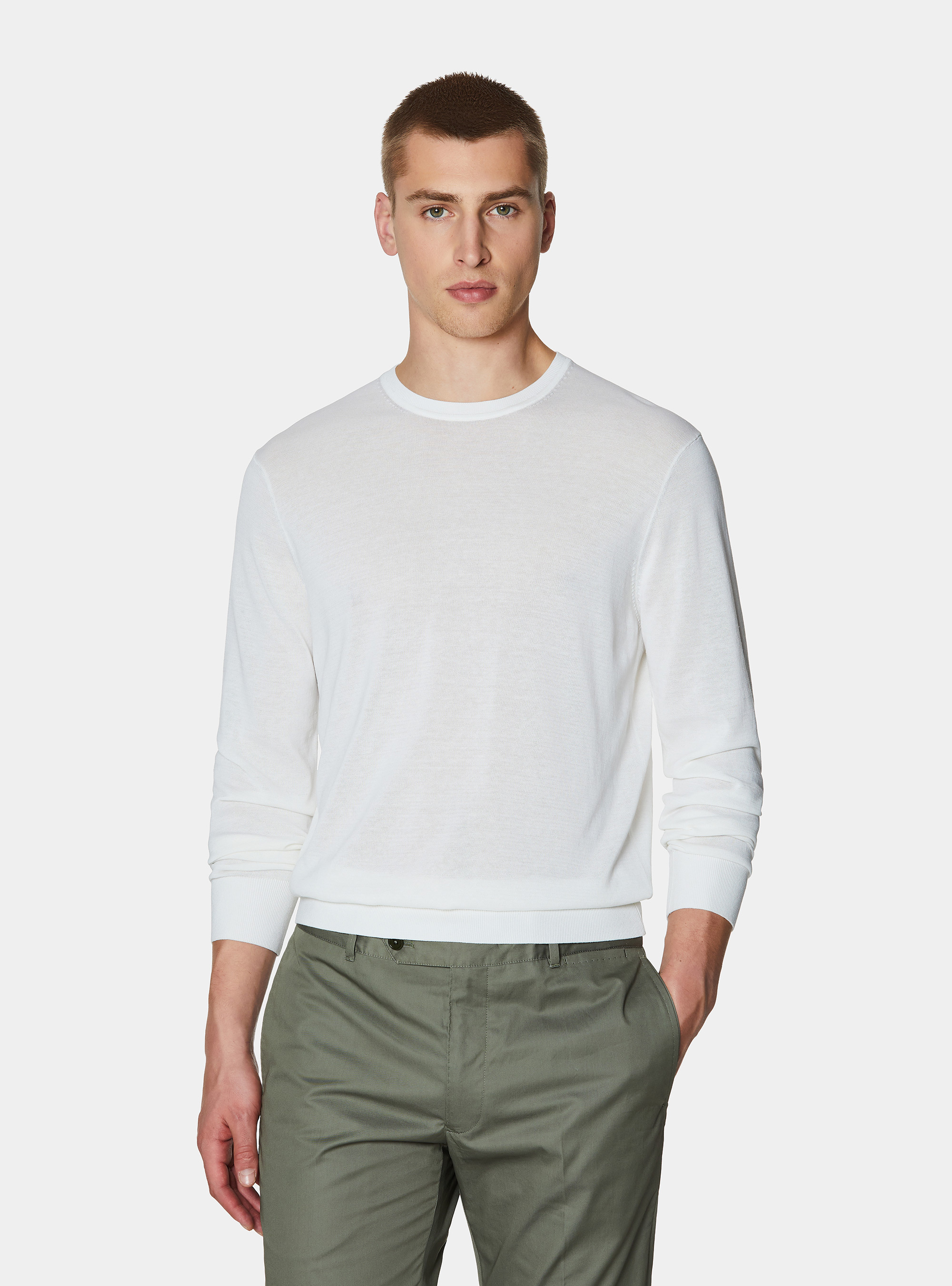 Maglia girocollo in cotone e seta, BIANCO
