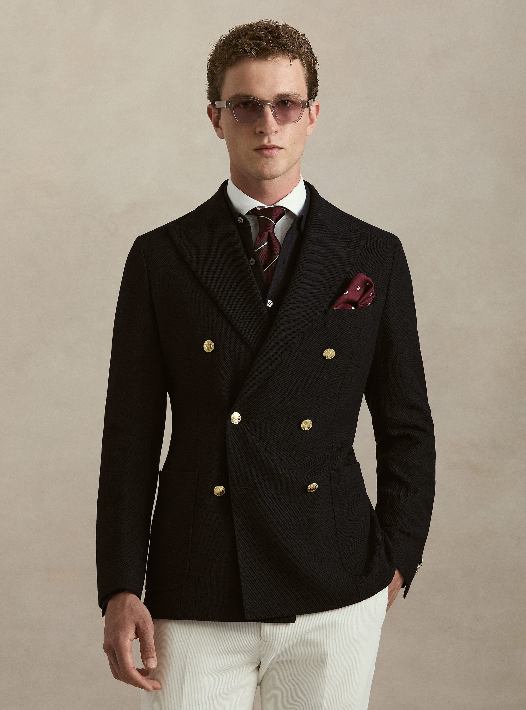 Double-Breasted Stretch Wool Jersey Blazer, NAVY BLUE
