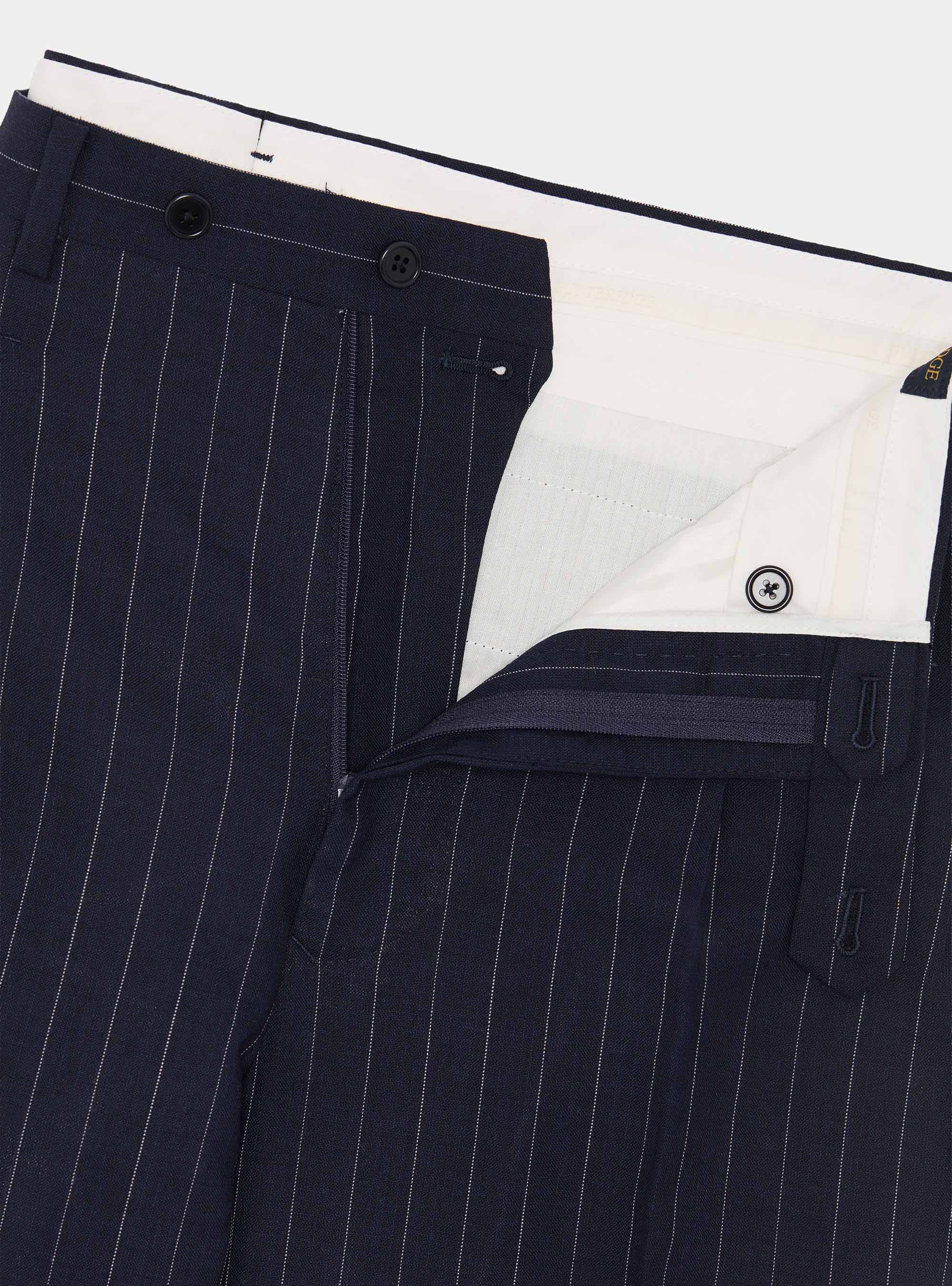 Double-breasted pinstriped wool suit trousers, NAVY BLUE