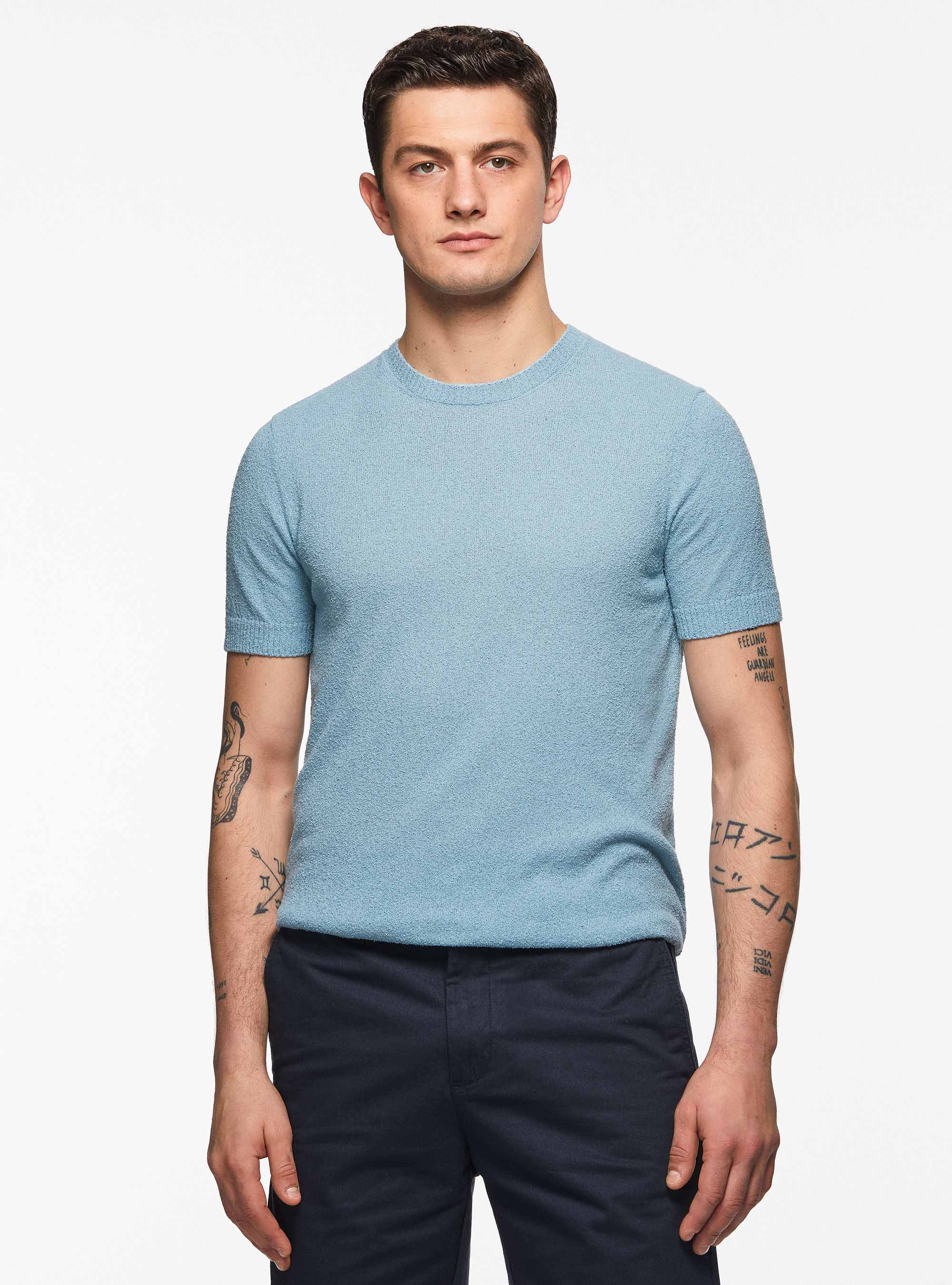 Maglia girocollo in misto cotone boucl&egrave;, AZZURRO