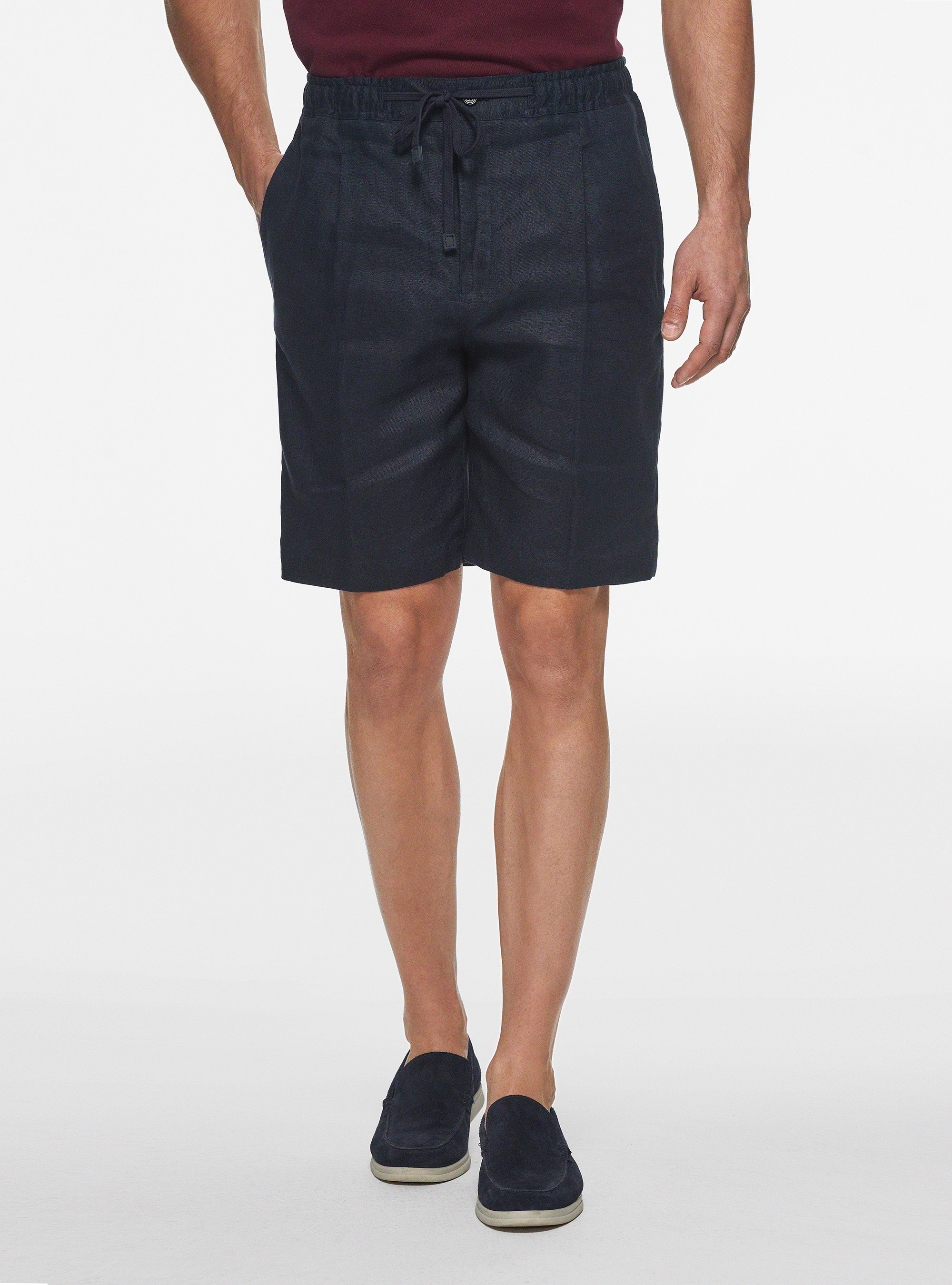 Bermudas de lino con el&aacute;stico y cord&oacute;n, AZUL MARINO