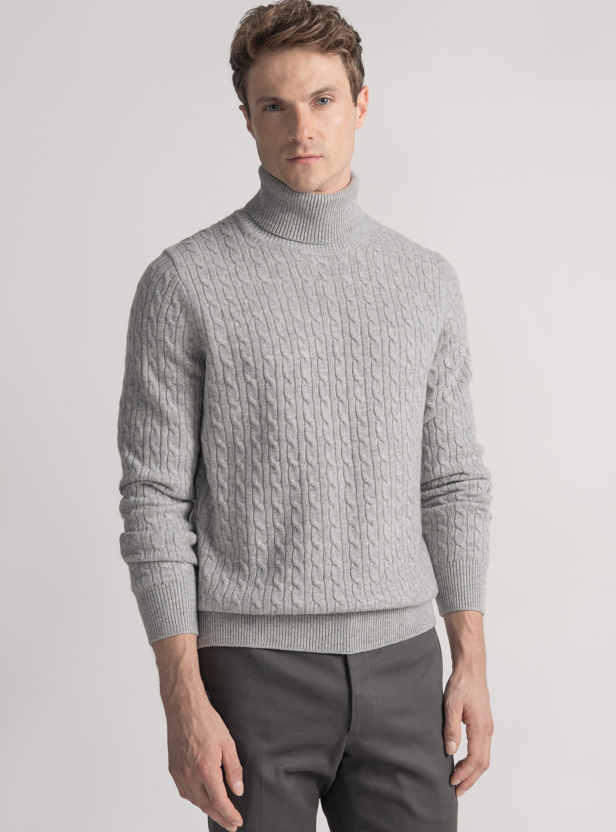 Maglia collo alto con treccia in lana cashmere, GRIGIO CHIARO MELANGE
