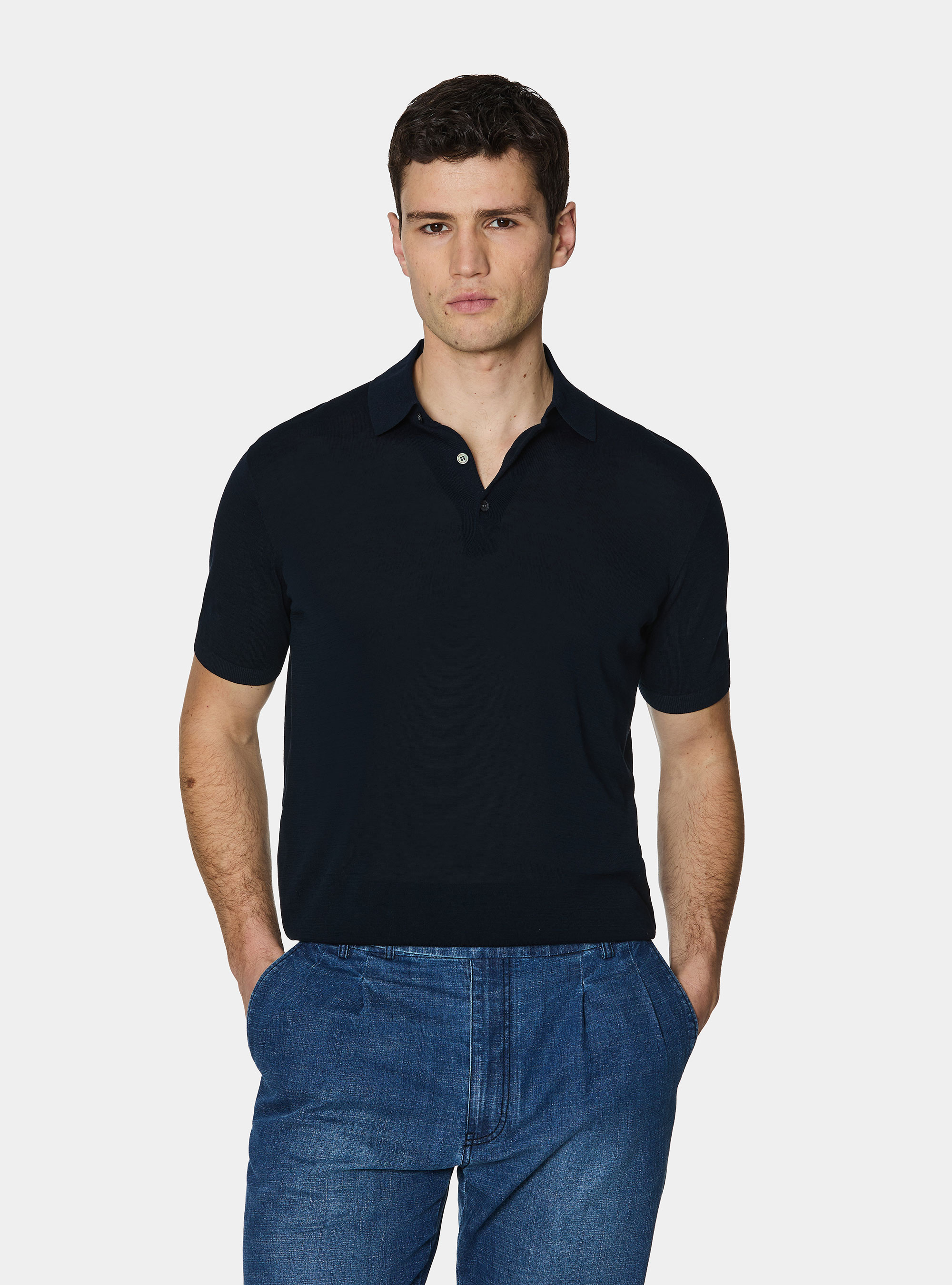 Maglia a polo in cotone e seta, BLU NAVY