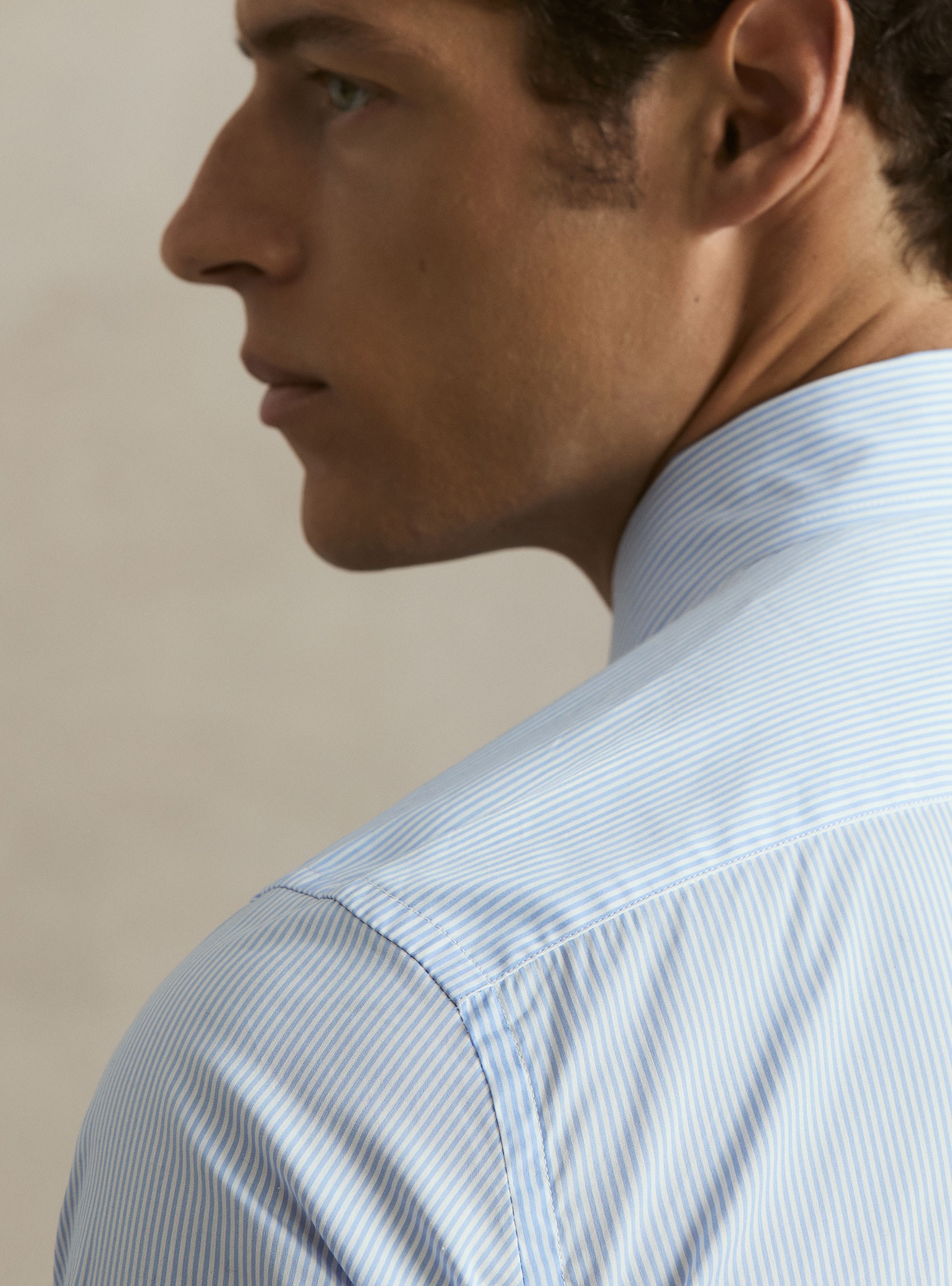 Camicia in cotone rigato popeline stretch, AZZURRO
