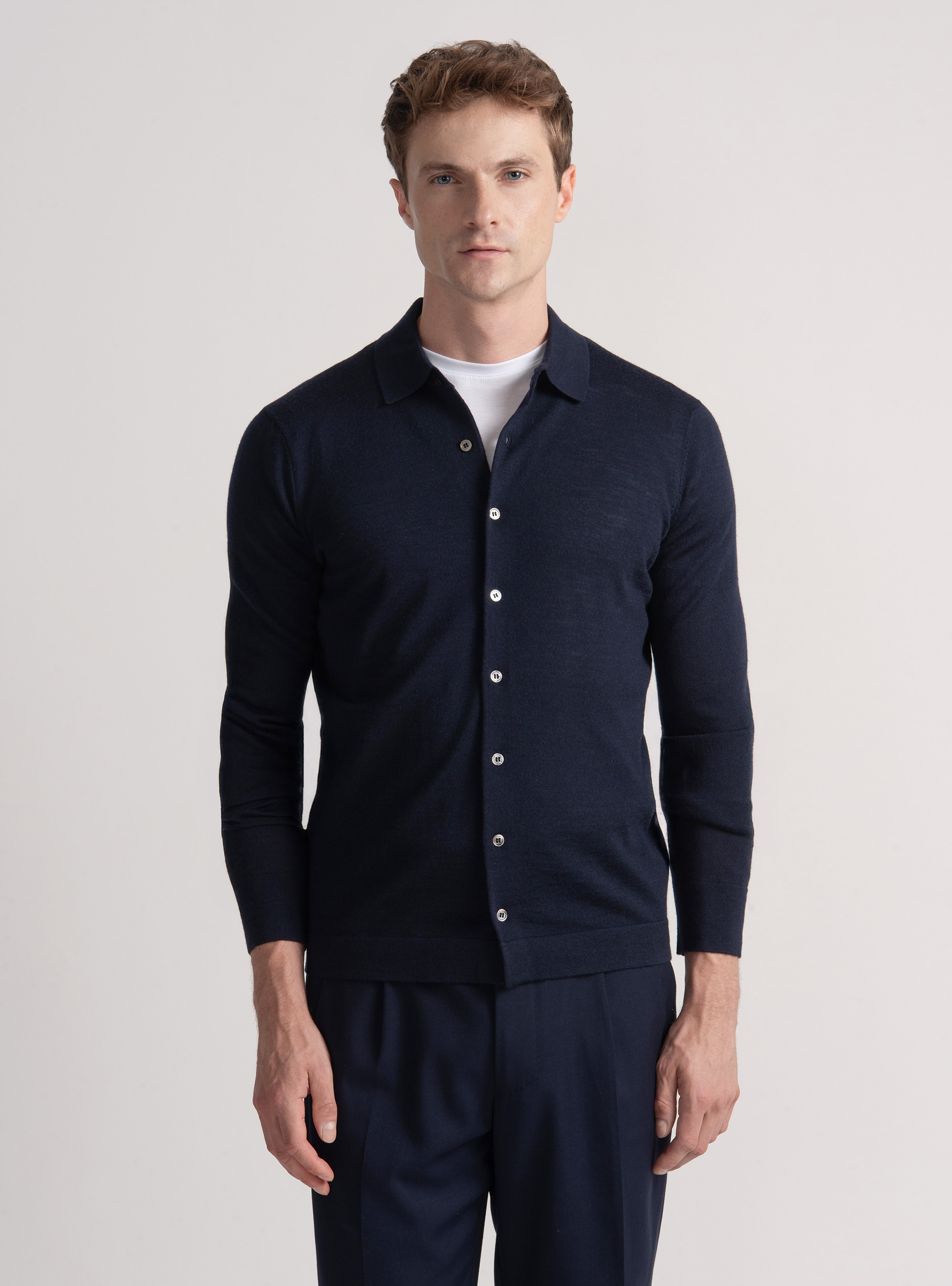 Extra-fine merino wool knit polo shirt, NAVY BLUE
