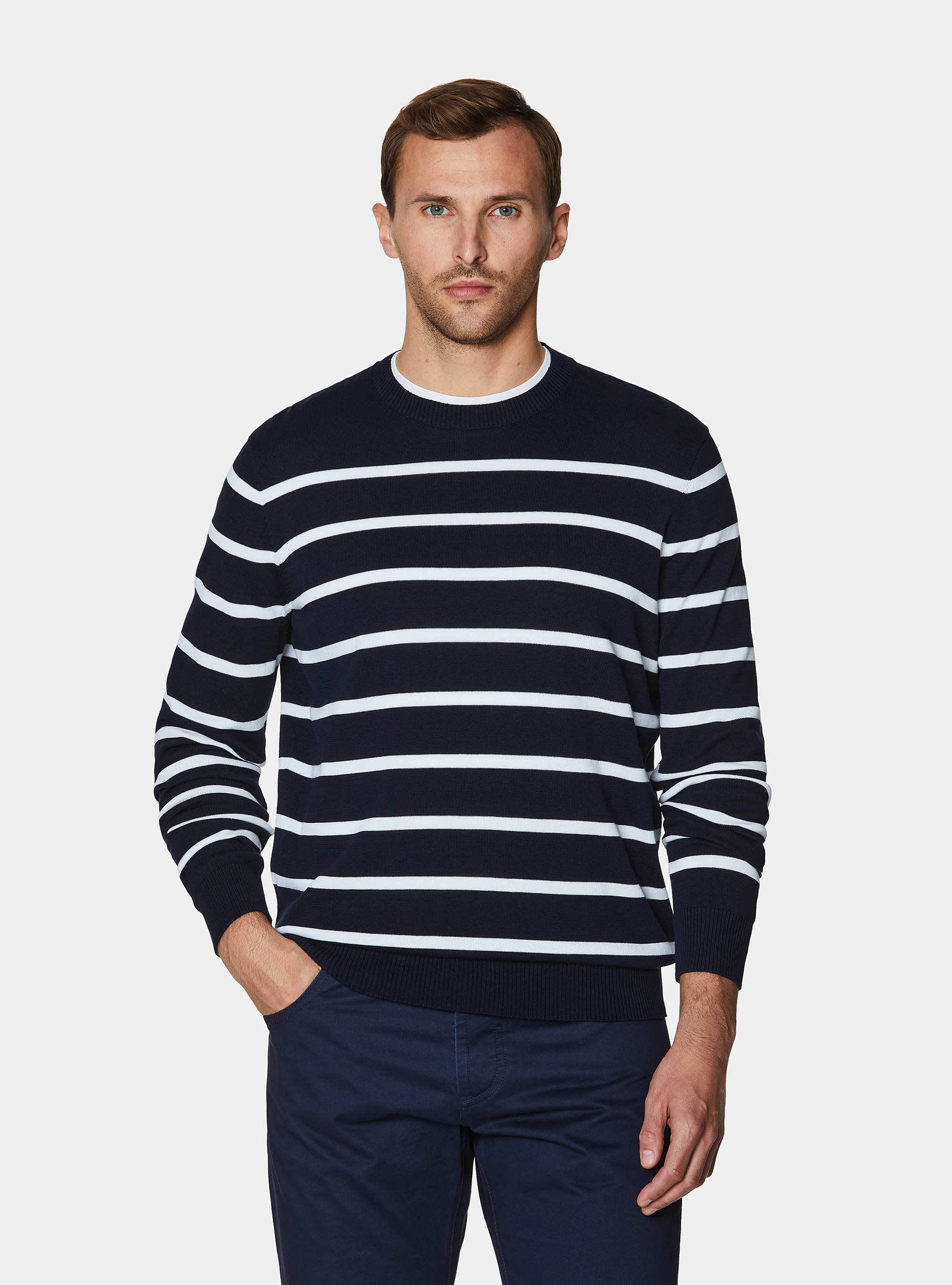 Maglia girocollo in cotone extrafine rigato, BLU NAVY
