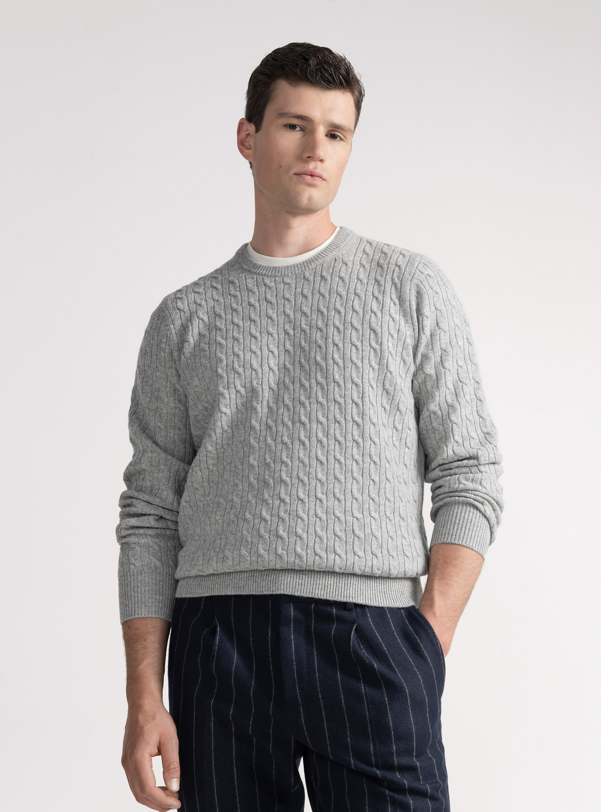 Maglia girocollo con treccia in lana e cashmere, GRIGIO CHIARO MELANGE