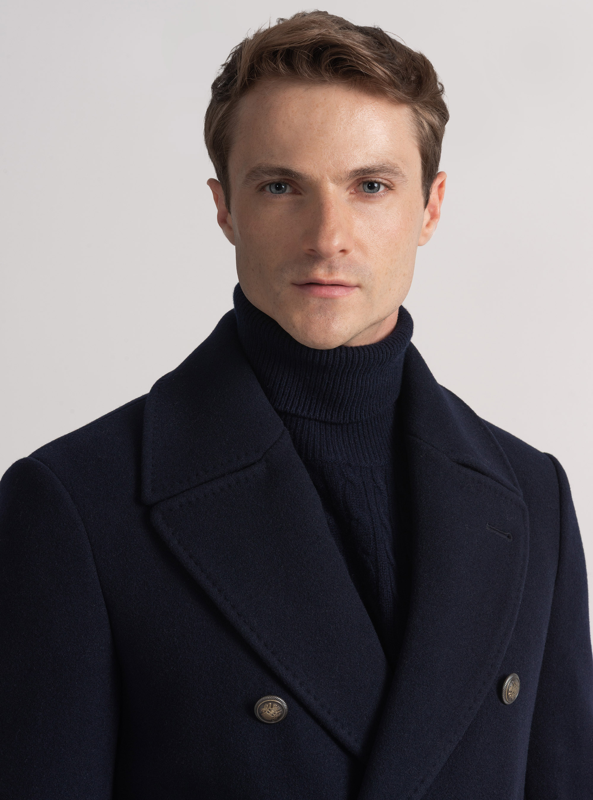 Wool-blend peacoat with metal button, NAVY BLUE