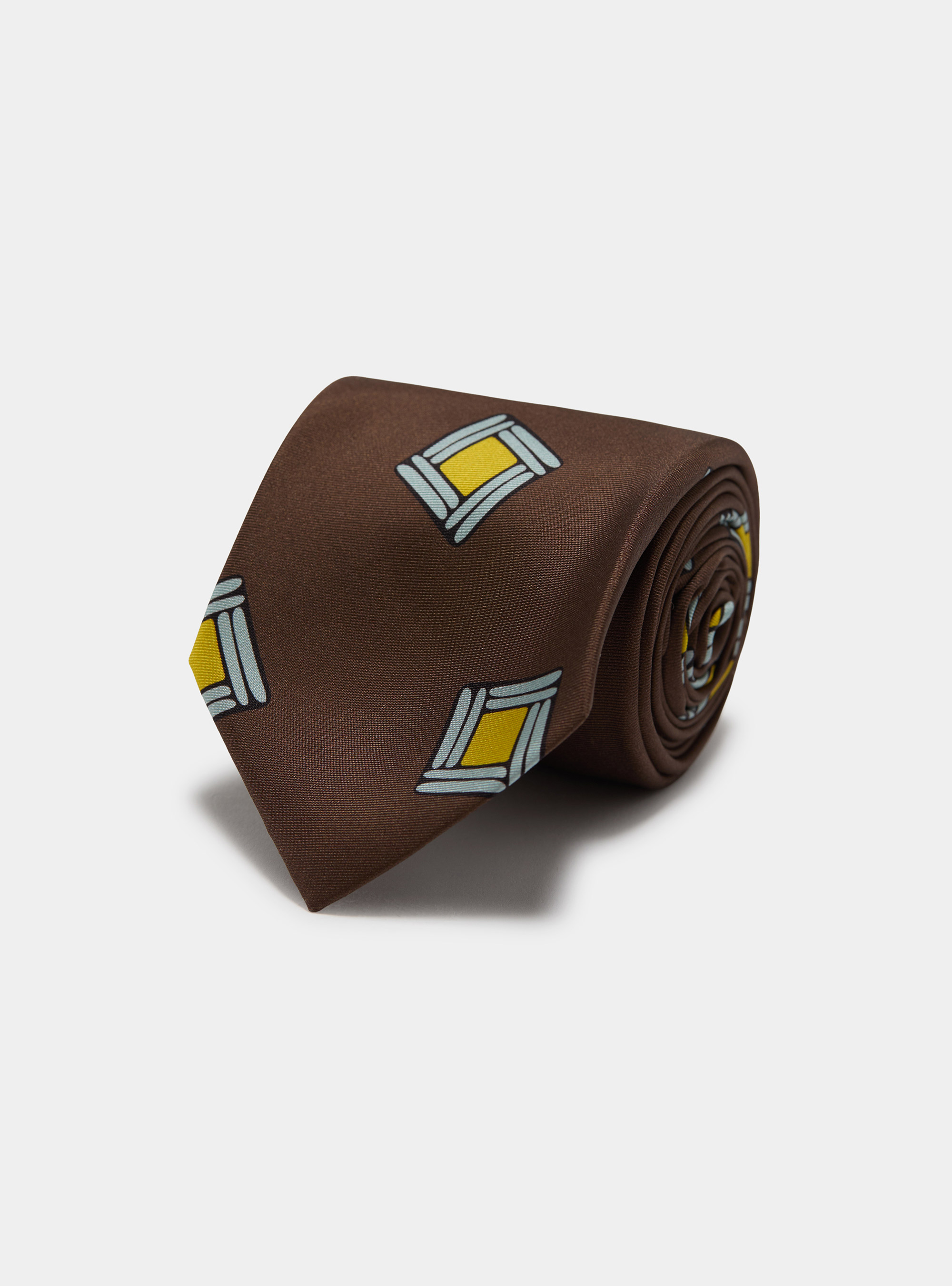 Corbata de sarga de seda con estampado geom&eacute;trico, MARRON