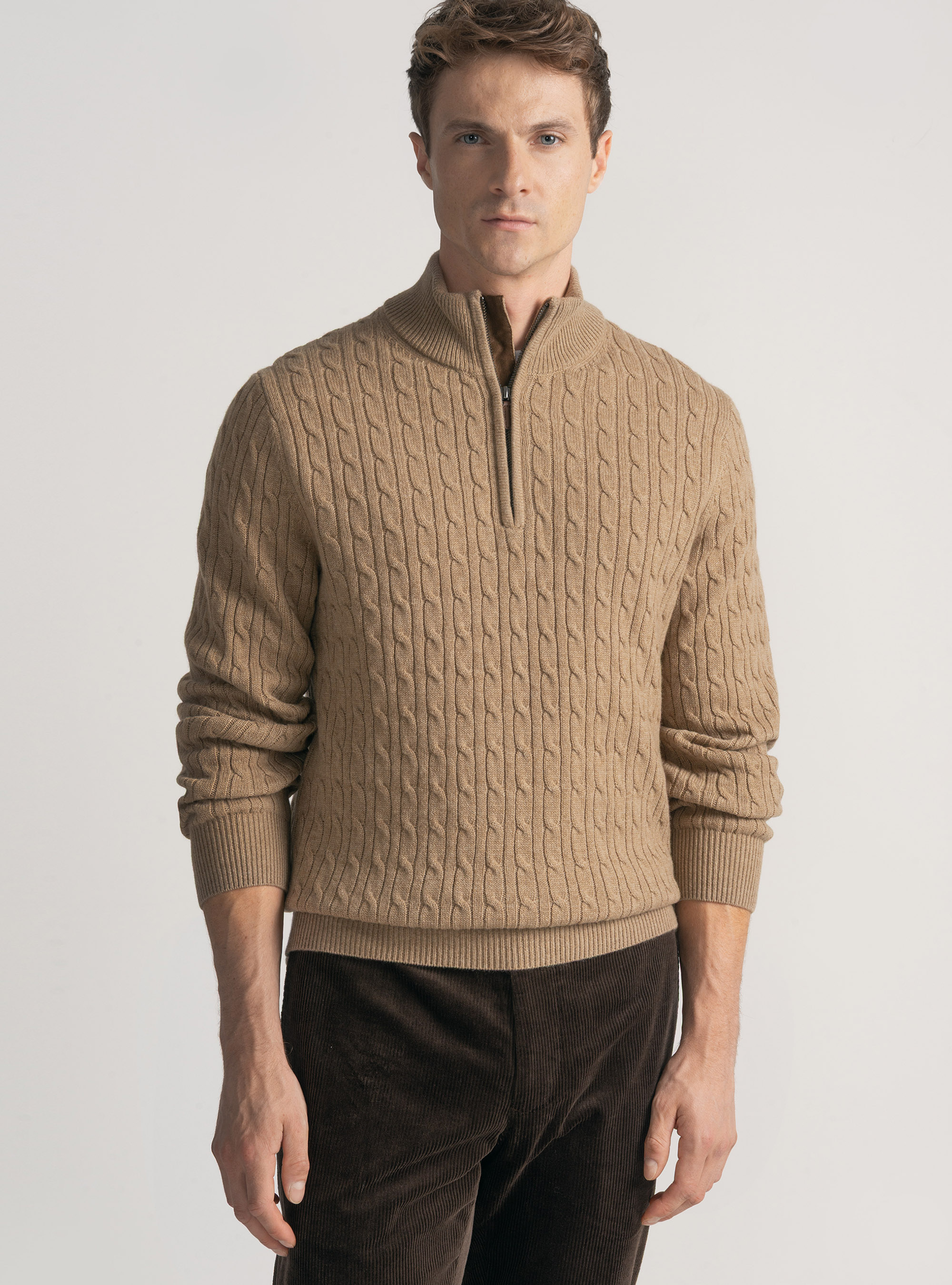 Sweater with mock neck and cashmere wool braid, CAMMELLO 0570C
