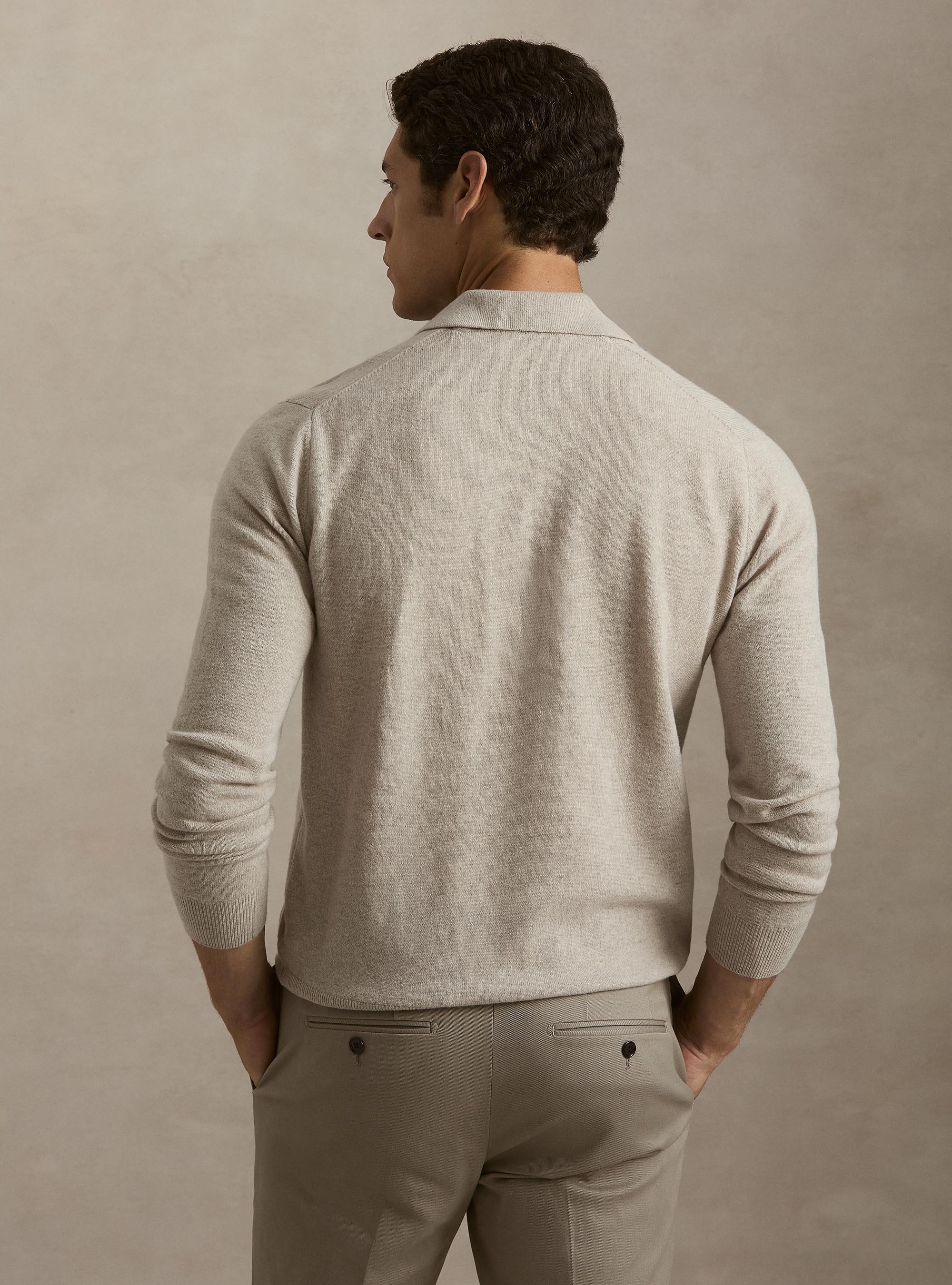 Wool and cashmere knitted polo, ECRU