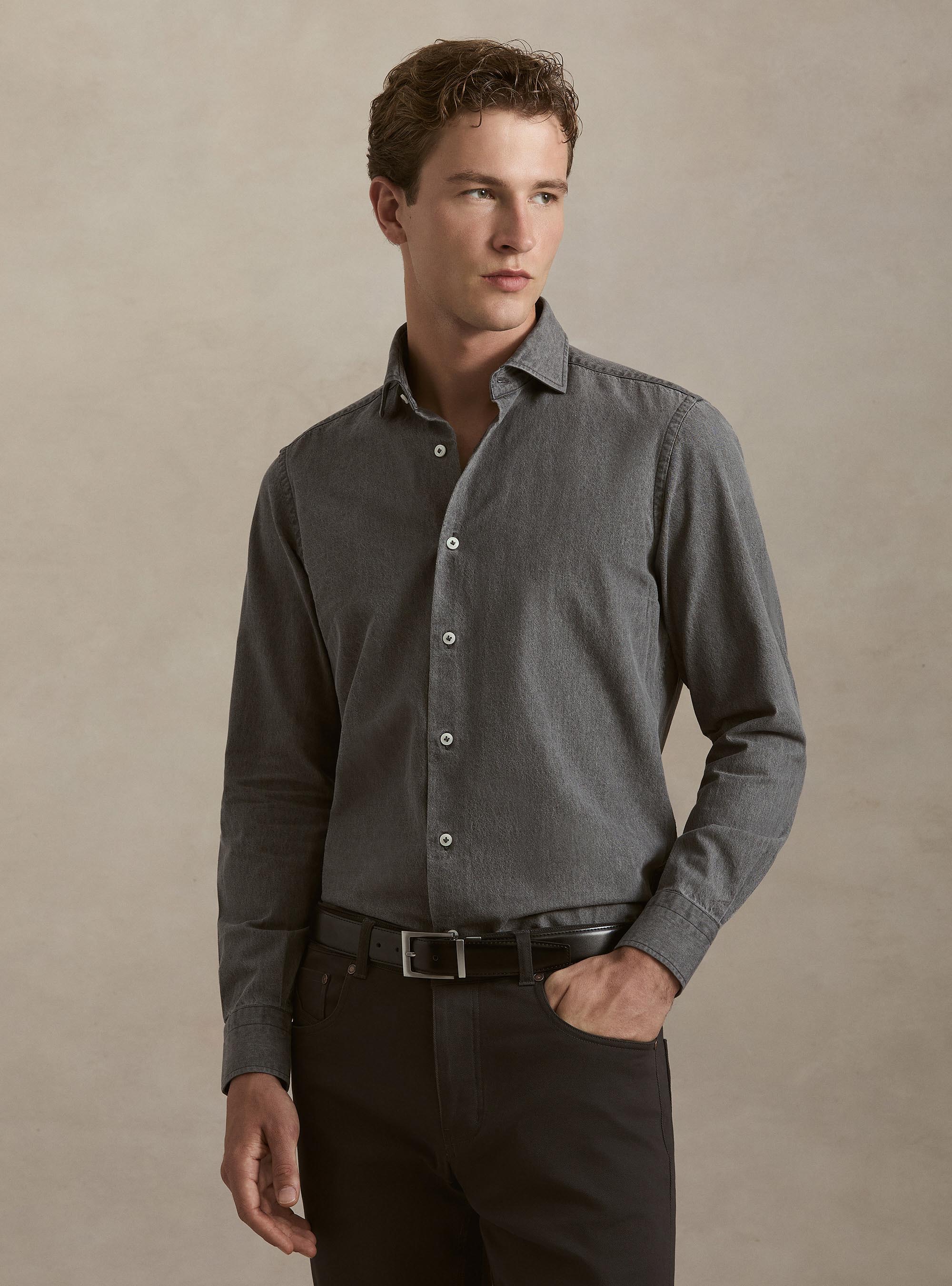 Camicia grigia in denim, GRIGIO CHIARO
