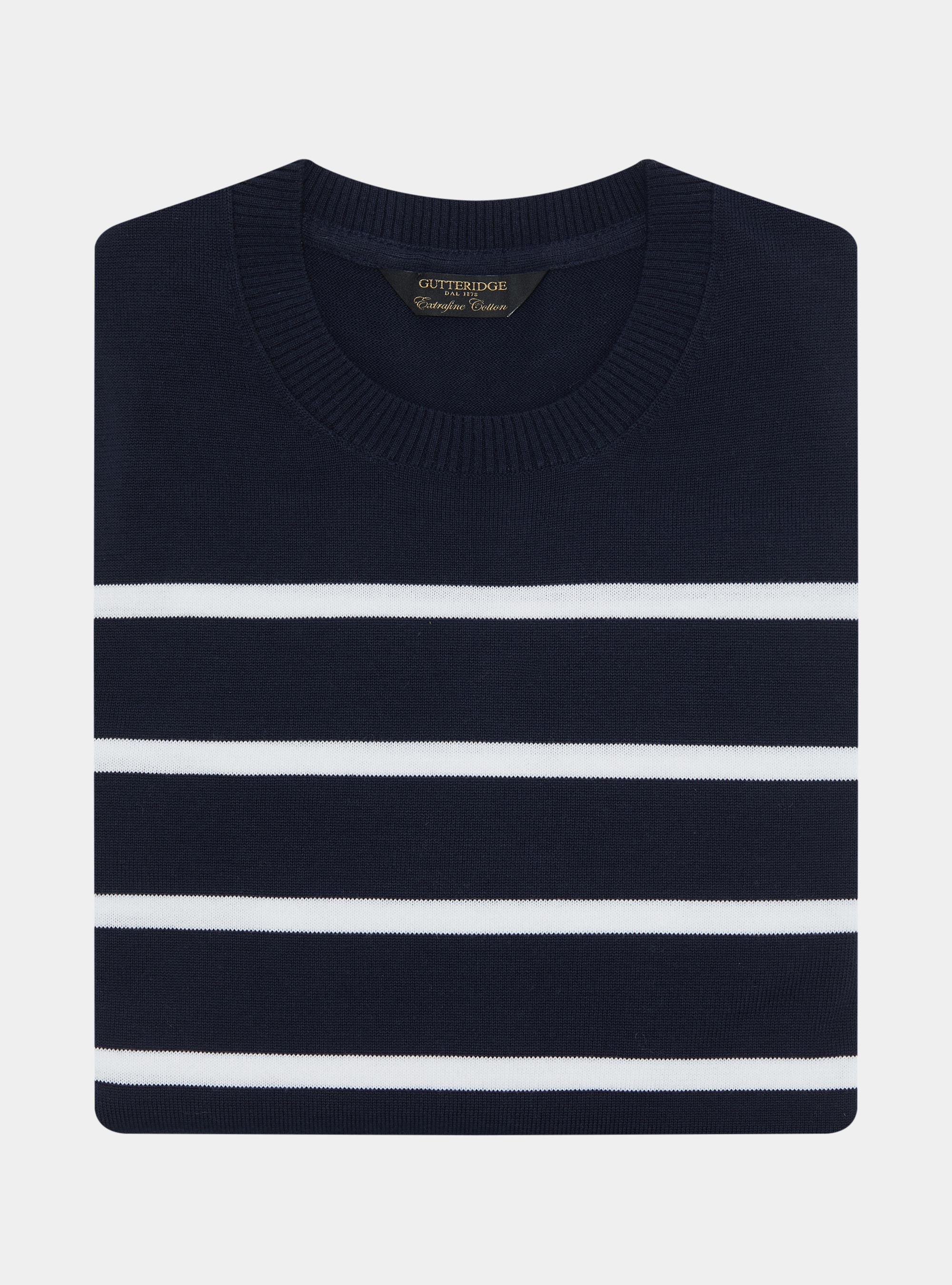 Pullover mit Rundhalsausschnitt aus extrafeiner gestreifter Baumwolle, NAVY 0218C