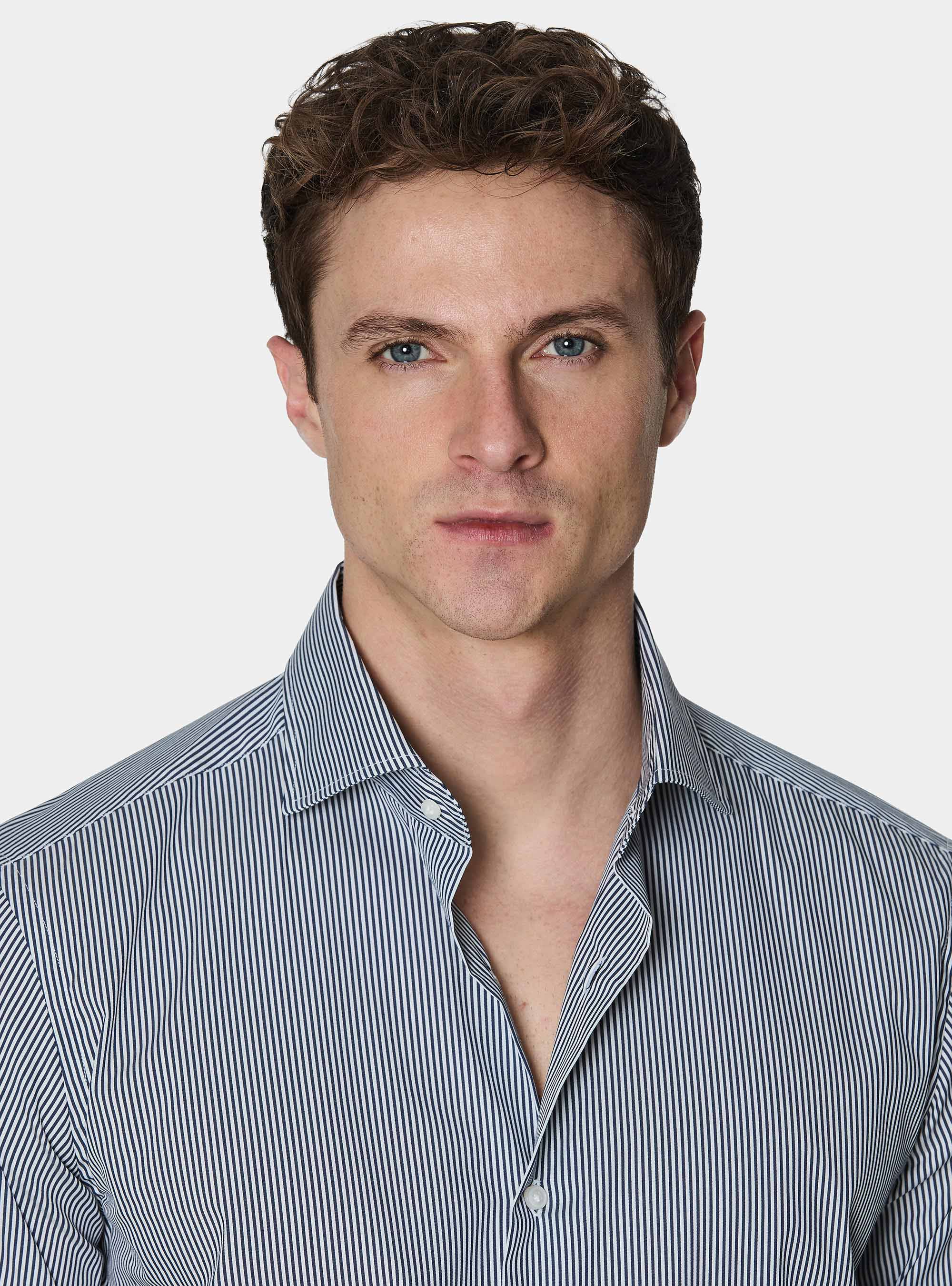 Camicia in cotone rigato popeline stretch, BLU NAVY