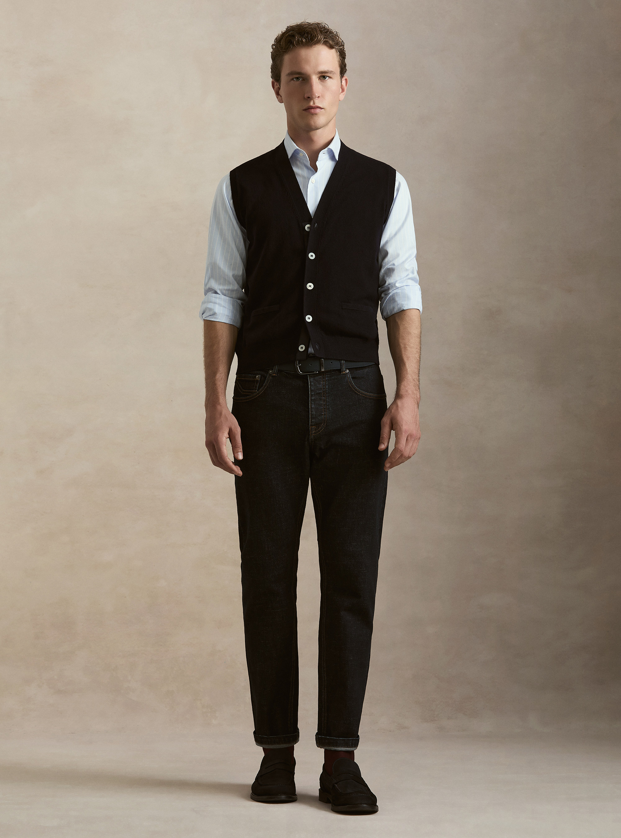 Gilet con bottoni in maglia misto lana, BLU NAVY