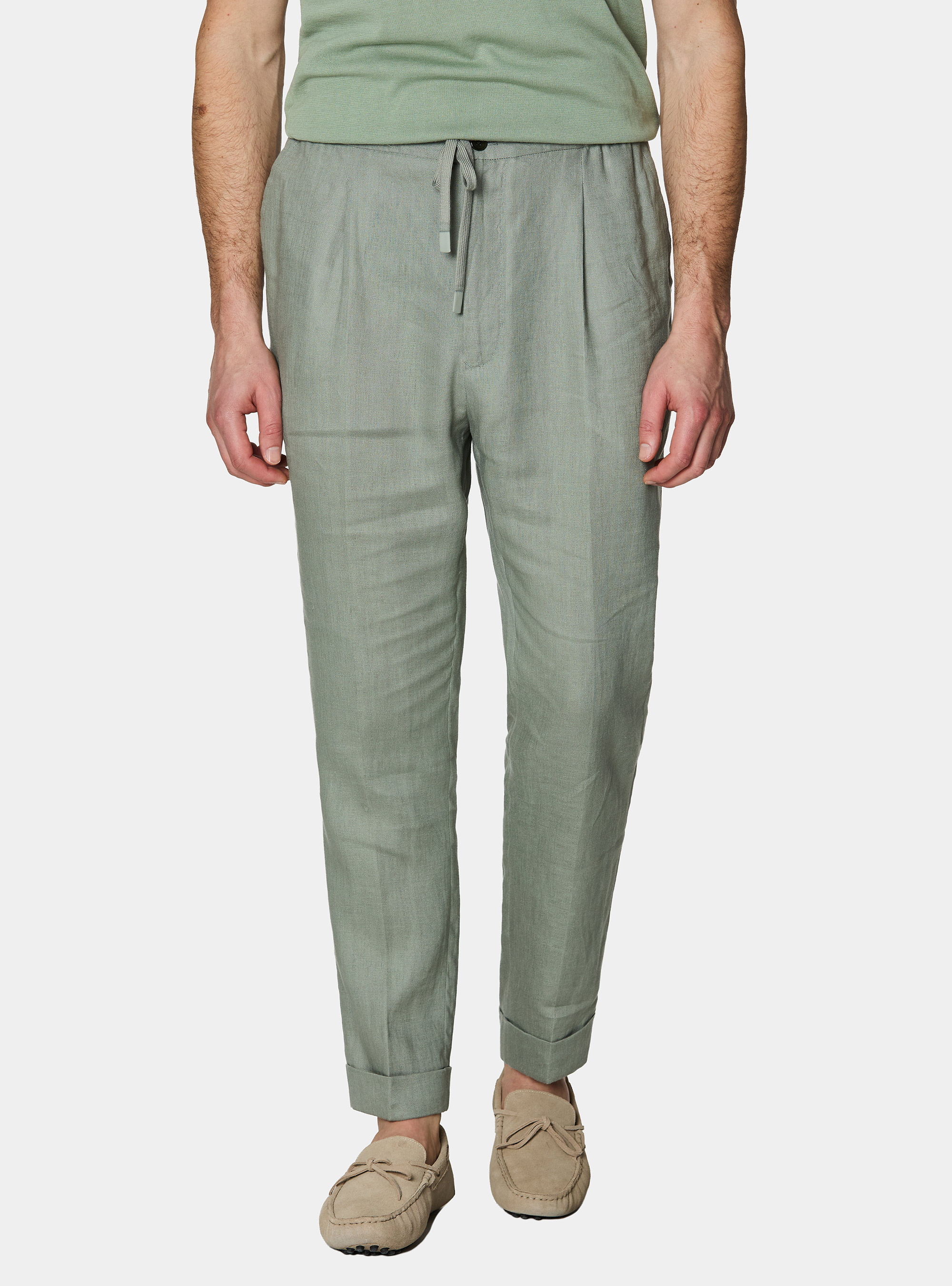 Pure linen trousers with pleat and drawstring, SALVIA 0602C