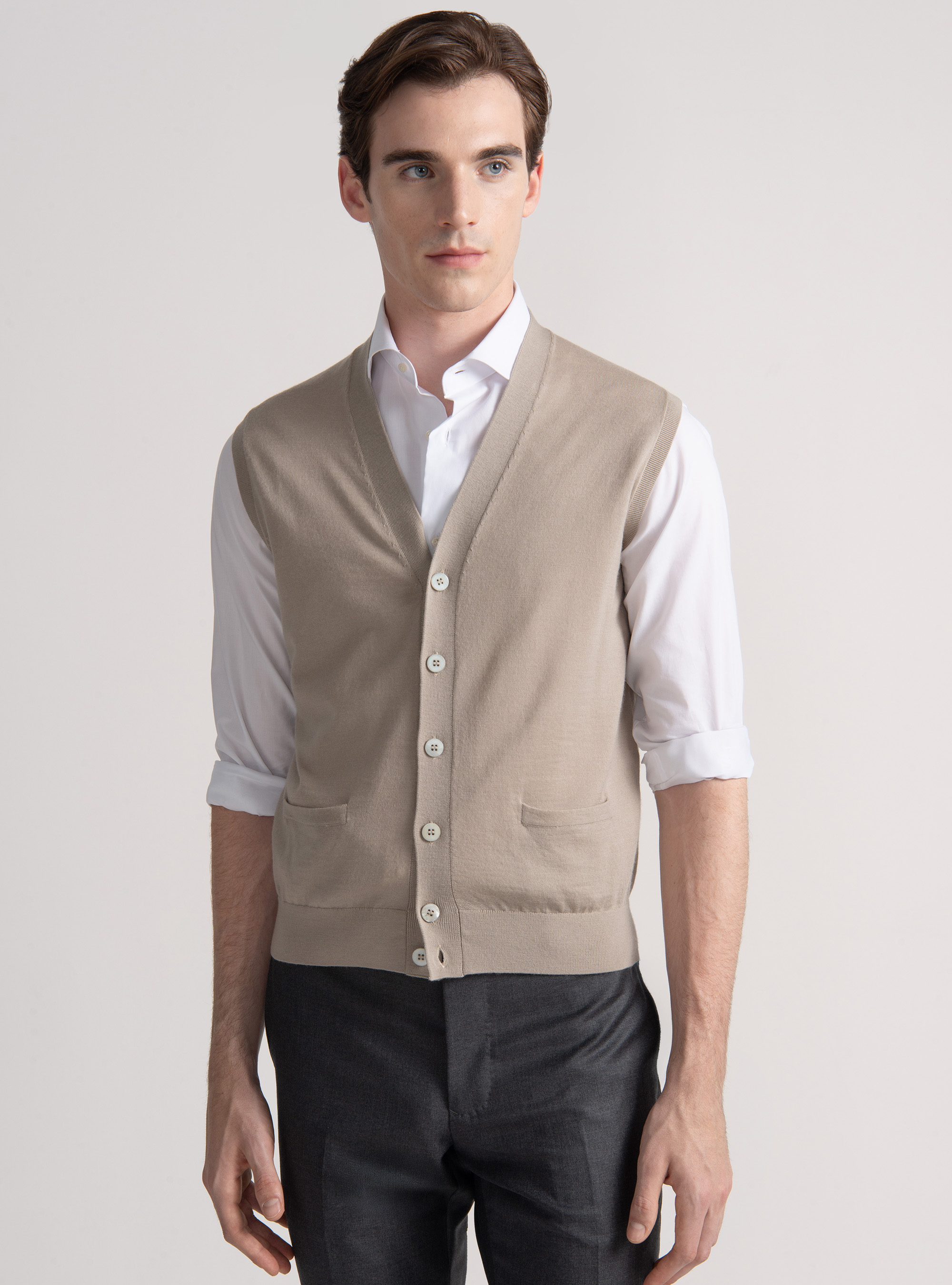 Knitted gilet with buttons in extra-fine merino wool, SAND